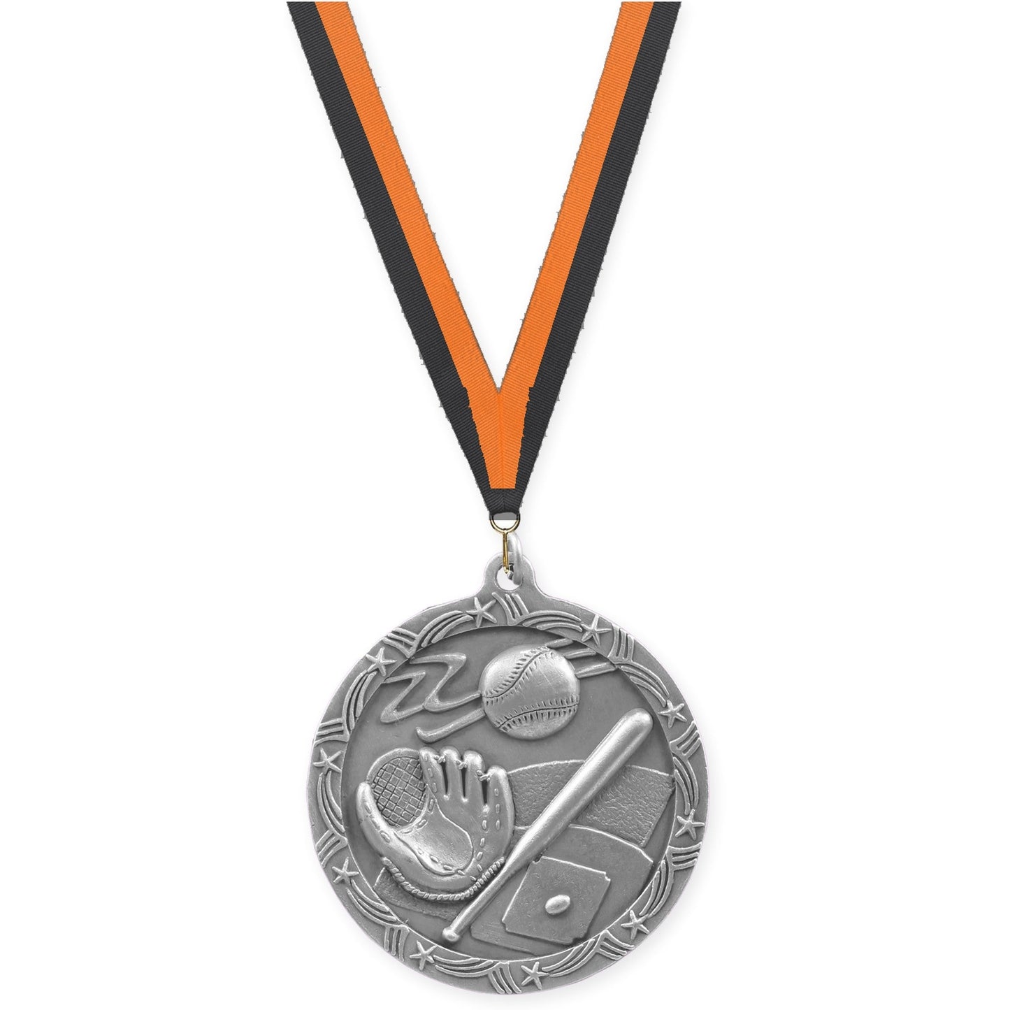 2 1/2 inch baseball and softball Shooting Star medal in antique silver with Black Orange neck ribbon
