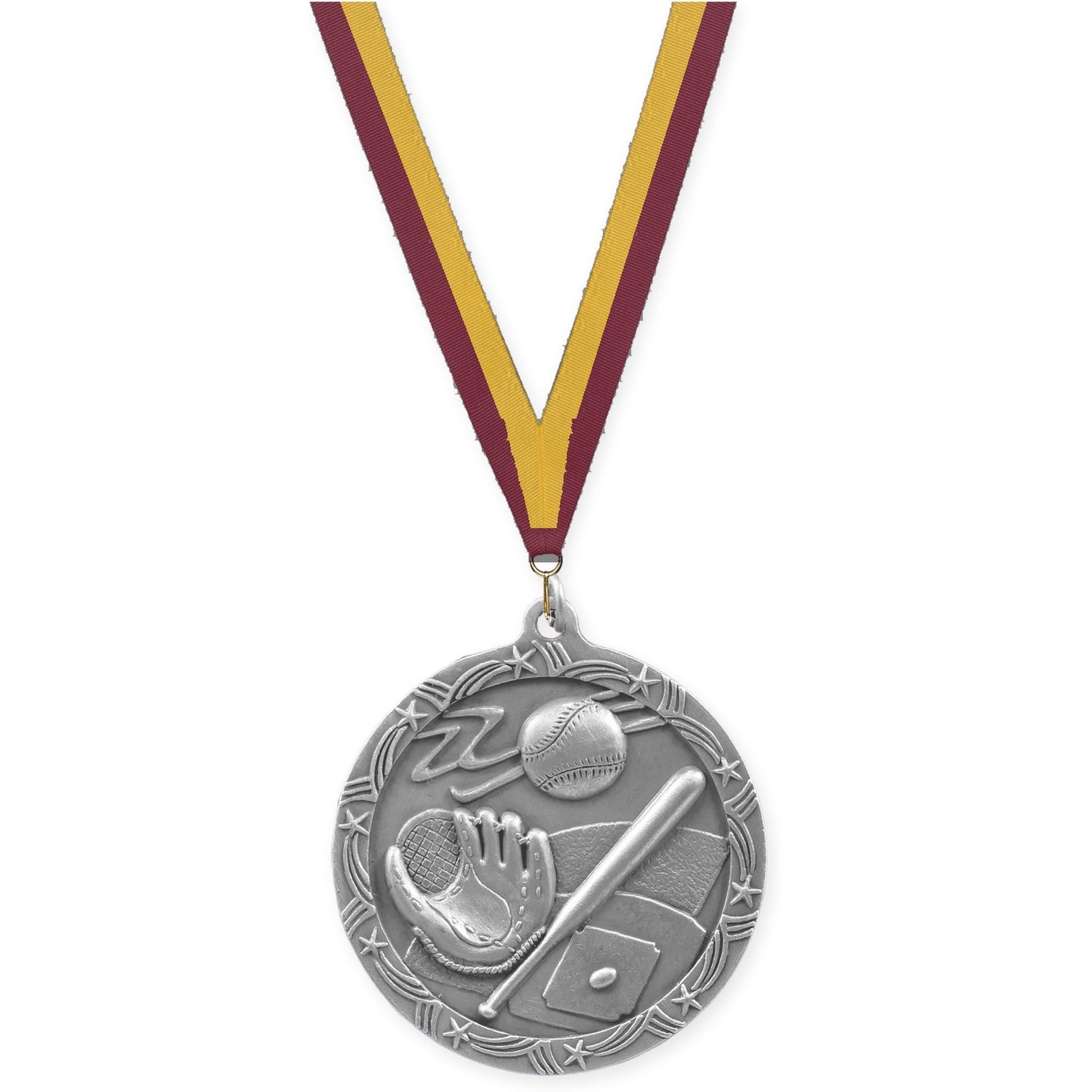 2 1/2 inch baseball and softball Shooting Star medal in antique silver with Maroon Gold neck ribbon