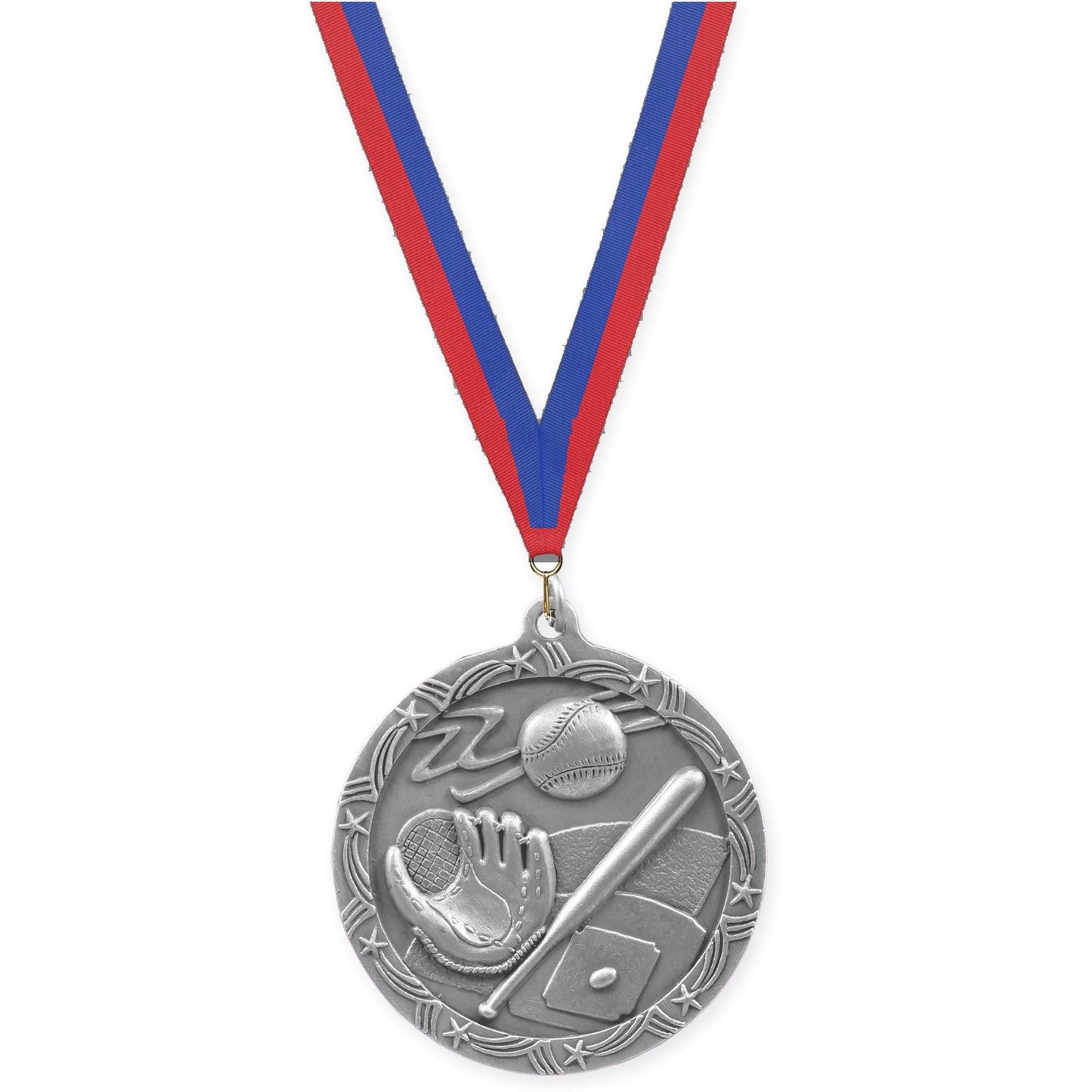 2 1/2 inch baseball and softball Shooting Star medal in antique silver with Blue Red neck ribbon