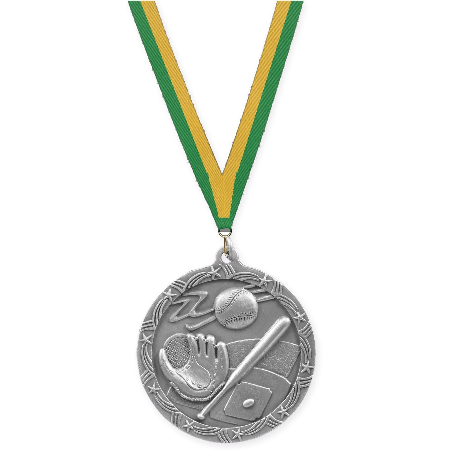 2 1/2 inch baseball and softball Shooting Star medal in antique silver with Green Gold neck ribbon