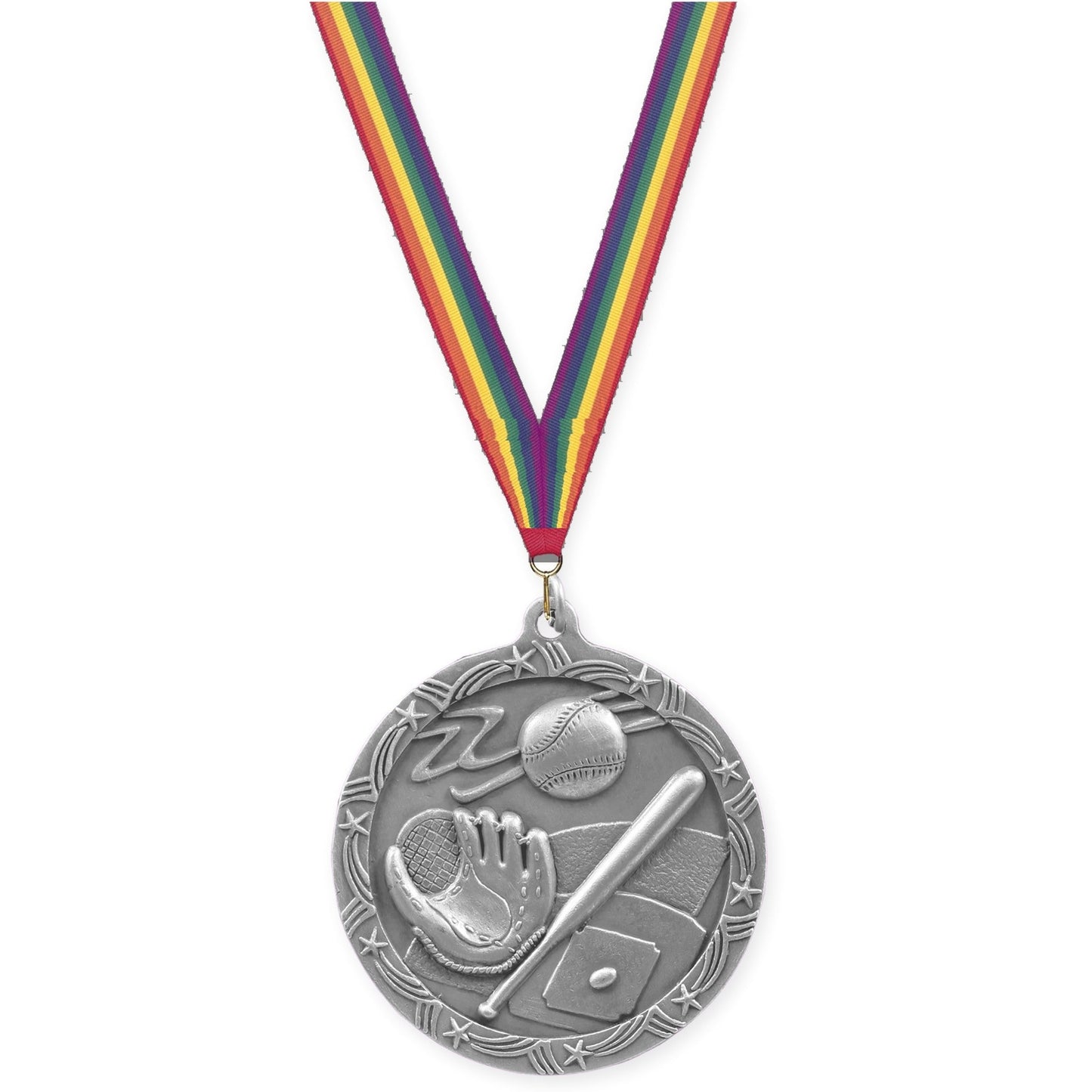 2 1/2 inch baseball and softball Shooting Star medal in antique silver with Rainbow neck ribbon
