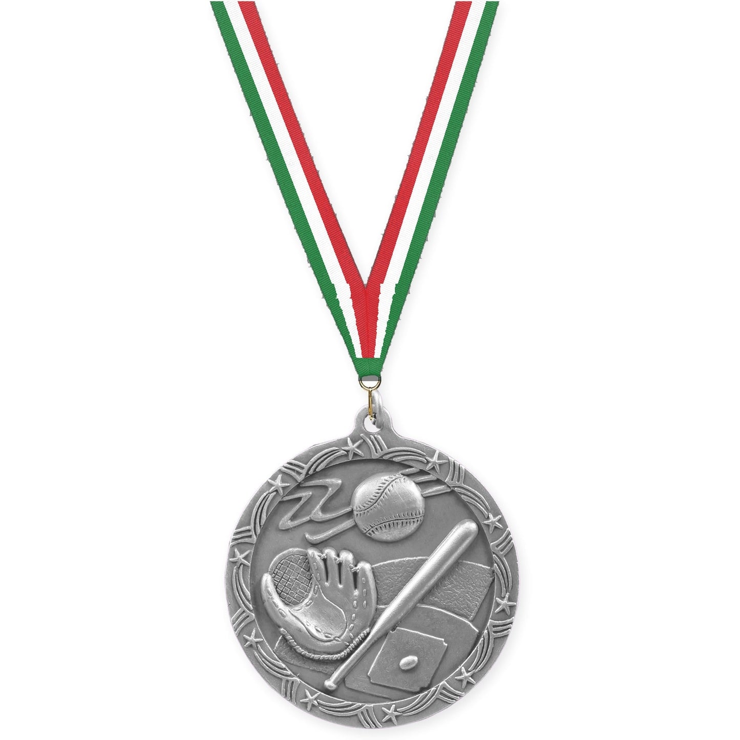 2 1/2 inch baseball and softball Shooting Star medal in antique silver with Green White Red neck ribbon