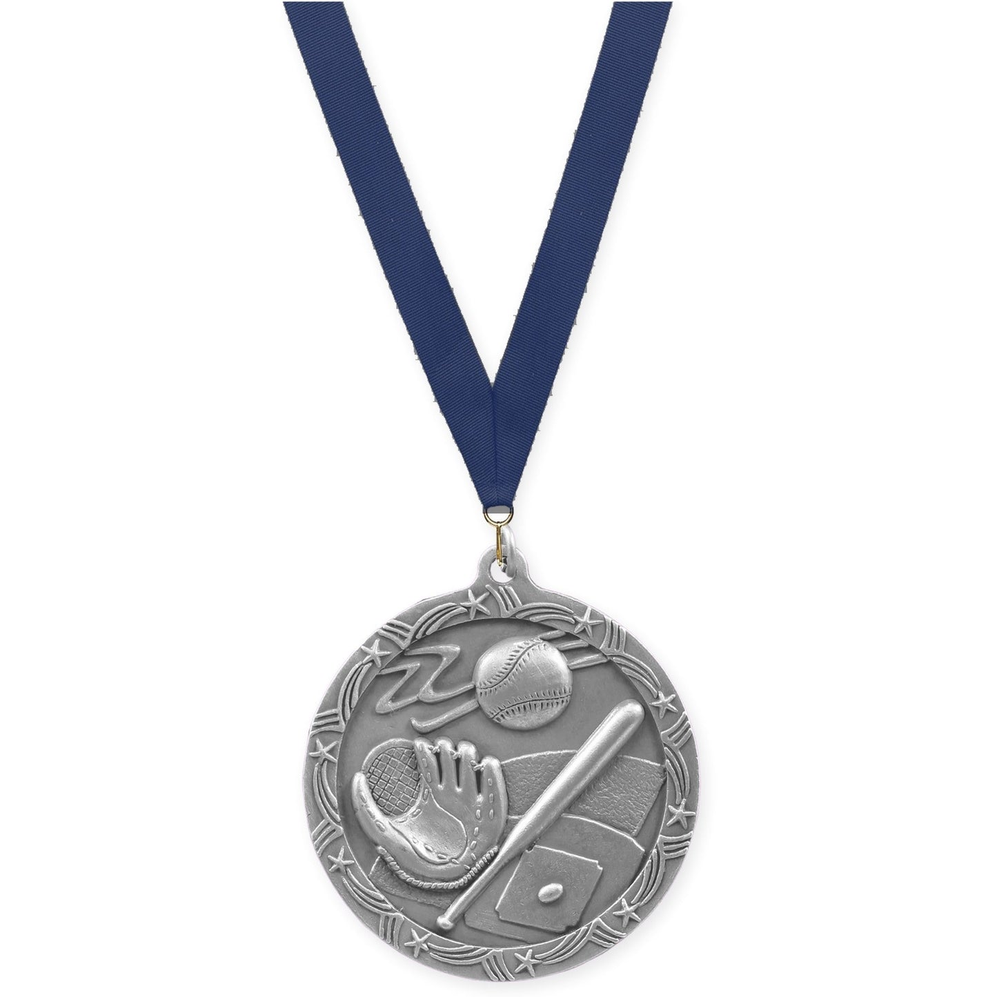 2 1/2 inch baseball and softball Shooting Star medal in antique silver with Navy neck ribbon