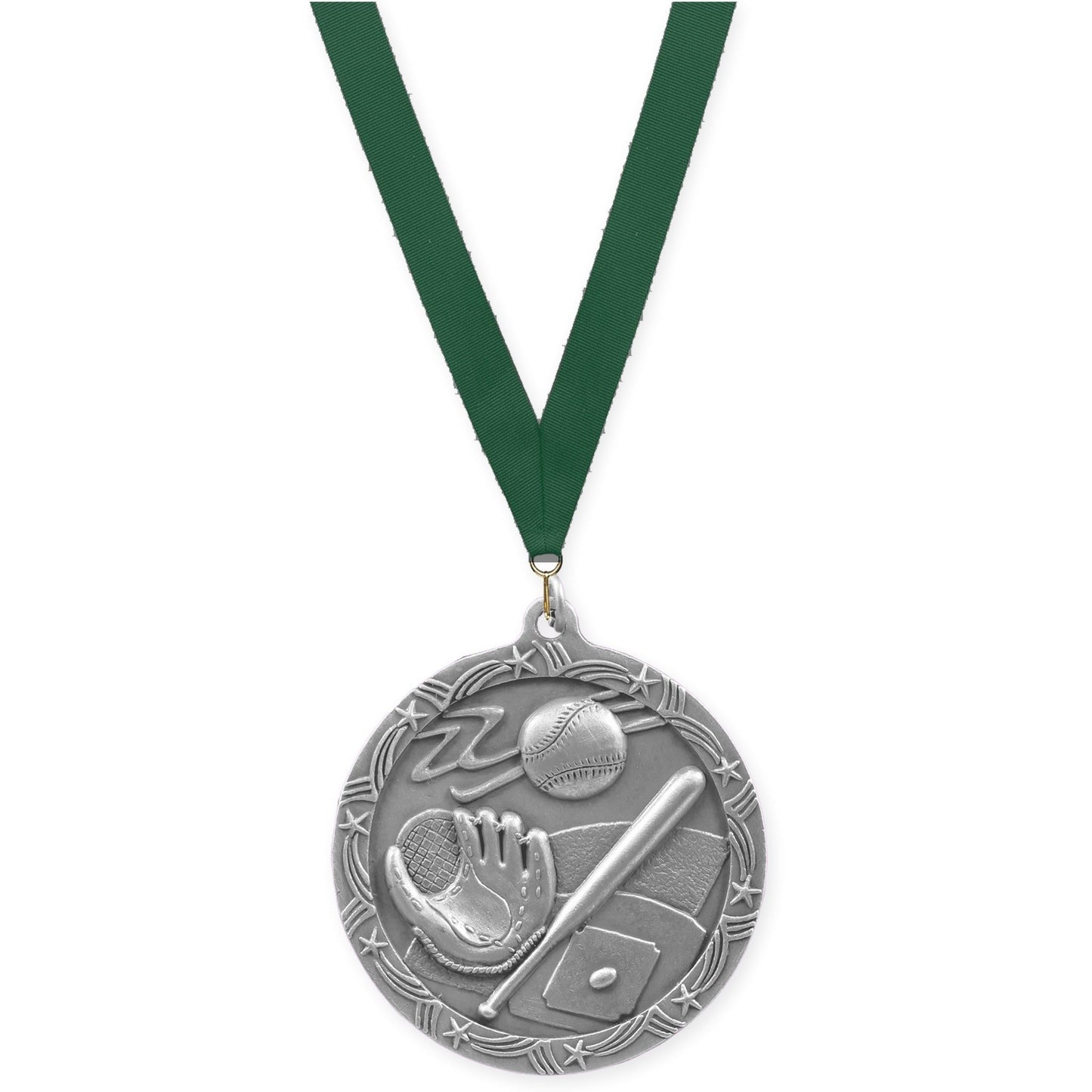 2 1/2 inch baseball and softball Shooting Star medal in antique silver with Hunter Green neck ribbon