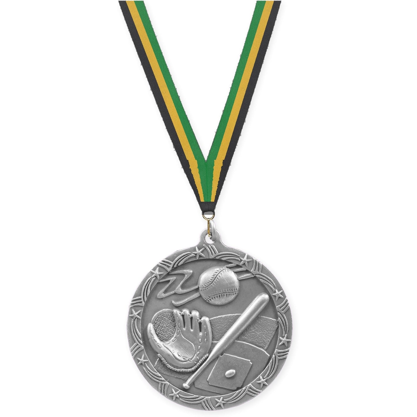2 1/2 inch baseball and softball Shooting Star medal in antique silver with Black Gold Green neck ribbon