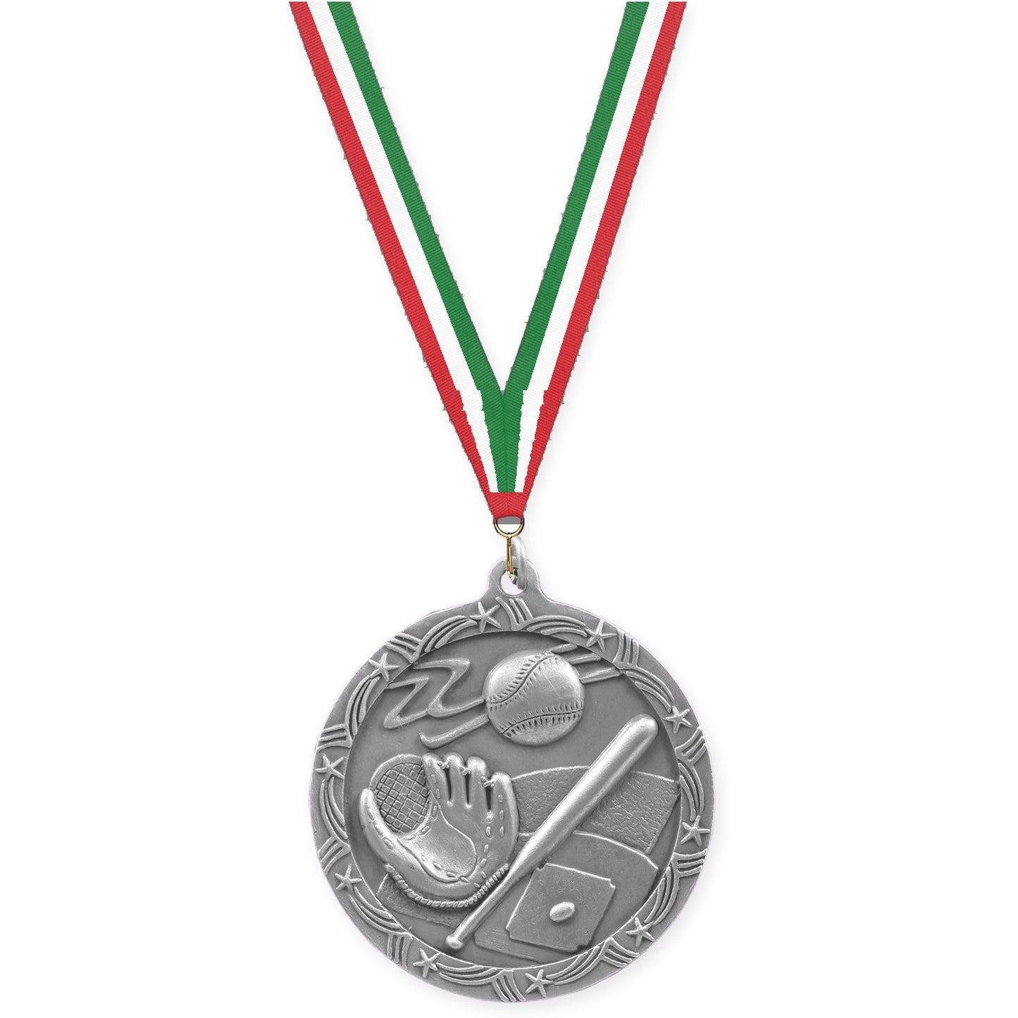 2 1/2 inch baseball and softball Shooting Star medal in antique silver with Red White Green neck ribbon