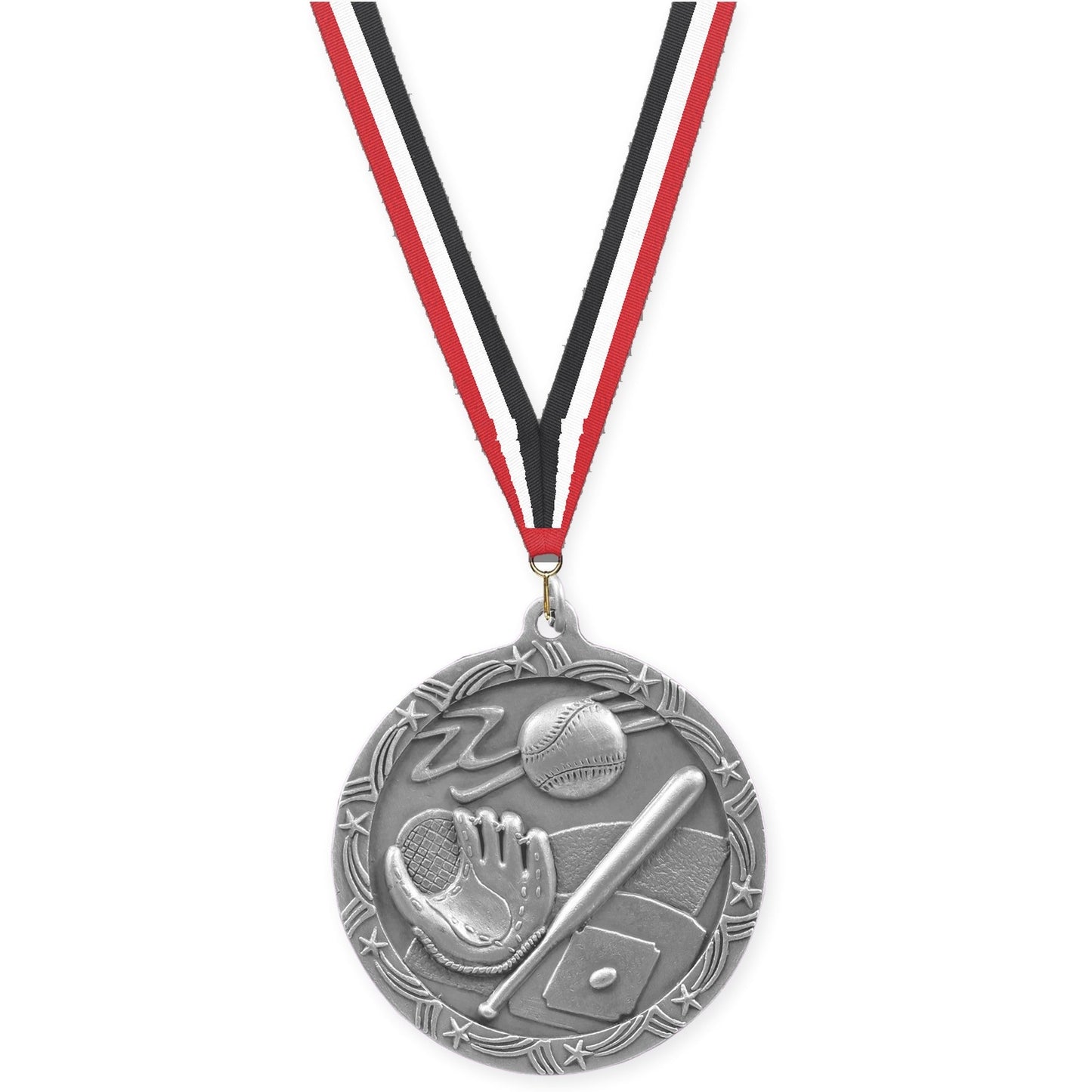 2 1/2 inch baseball and softball Shooting Star medal in antique silver with Red White Black neck ribbon