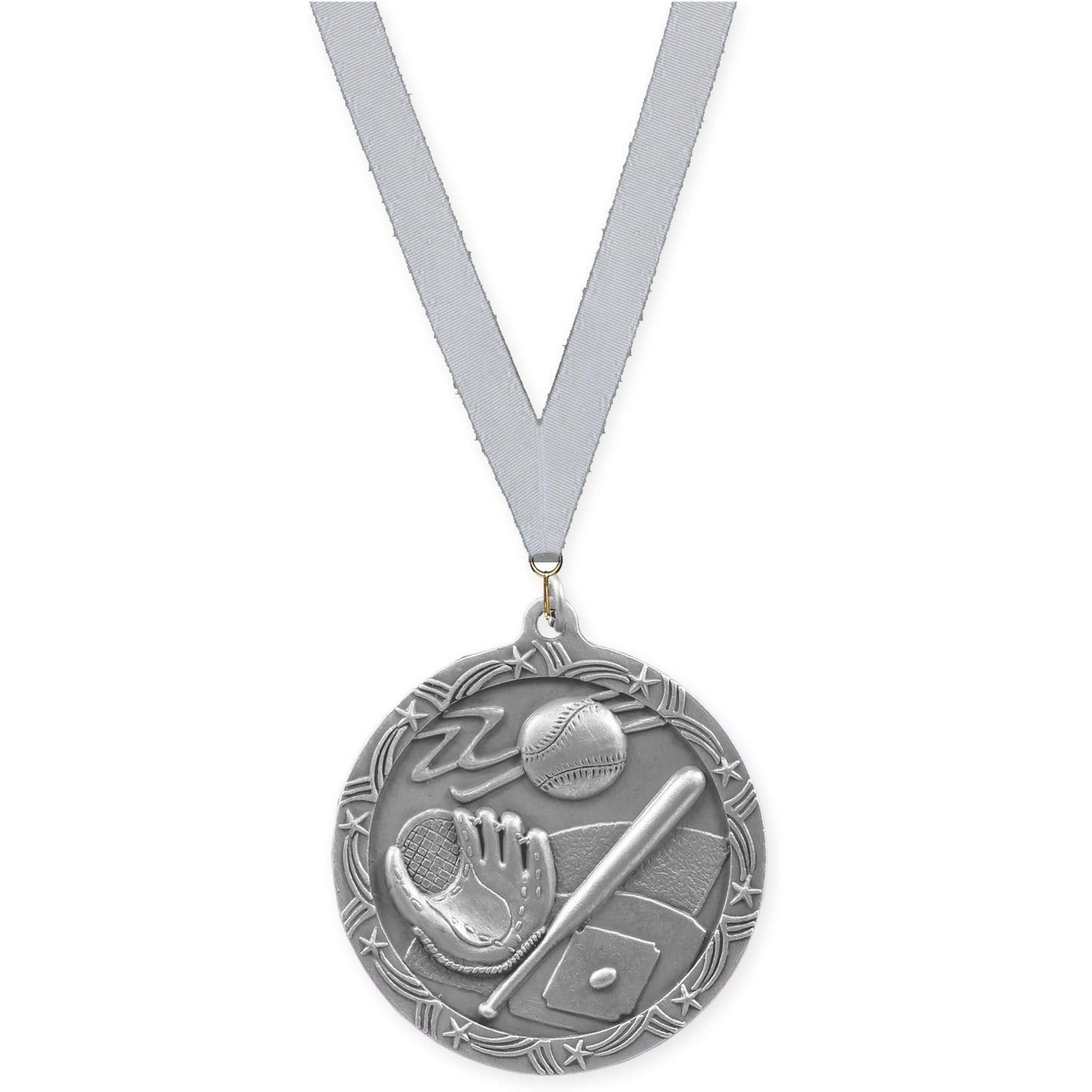 2 1/2 inch baseball and softball Shooting Star medal in antique silver with Silver Metallic neck ribbon