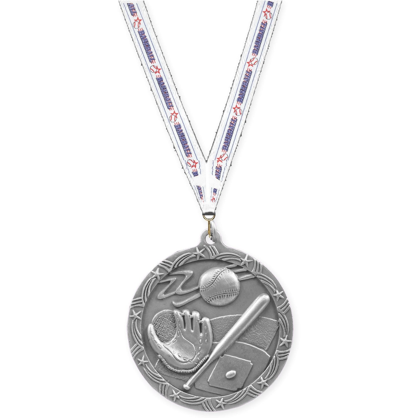 2 1/2 inch baseball and softball Shooting Star medal in antique silver with Baseball neck ribbon