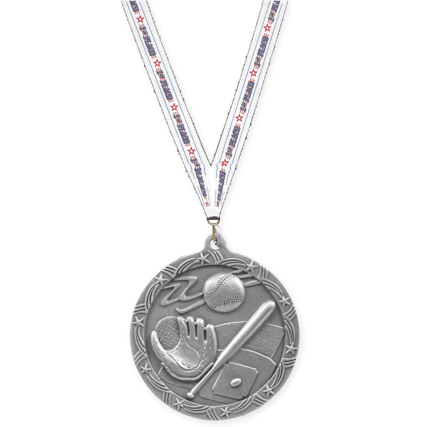 2 1/2 inch baseball and softball Shooting Star medal in antique silver with 1st Place neck ribbon