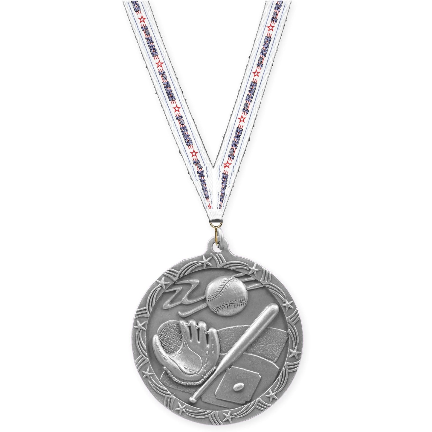 2 1/2 inch baseball and softball Shooting Star medal in antique silver with 2nd Place neck ribbon
