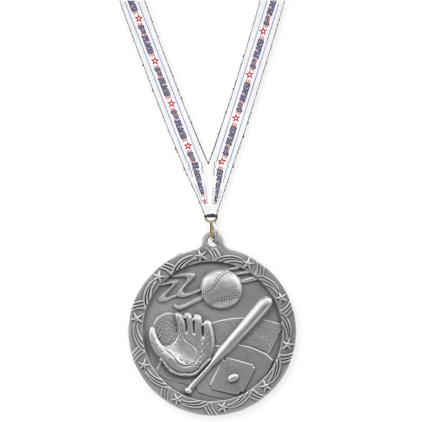 2 1/2 inch baseball and softball Shooting Star medal in antique silver with 3rd Place neck ribbon