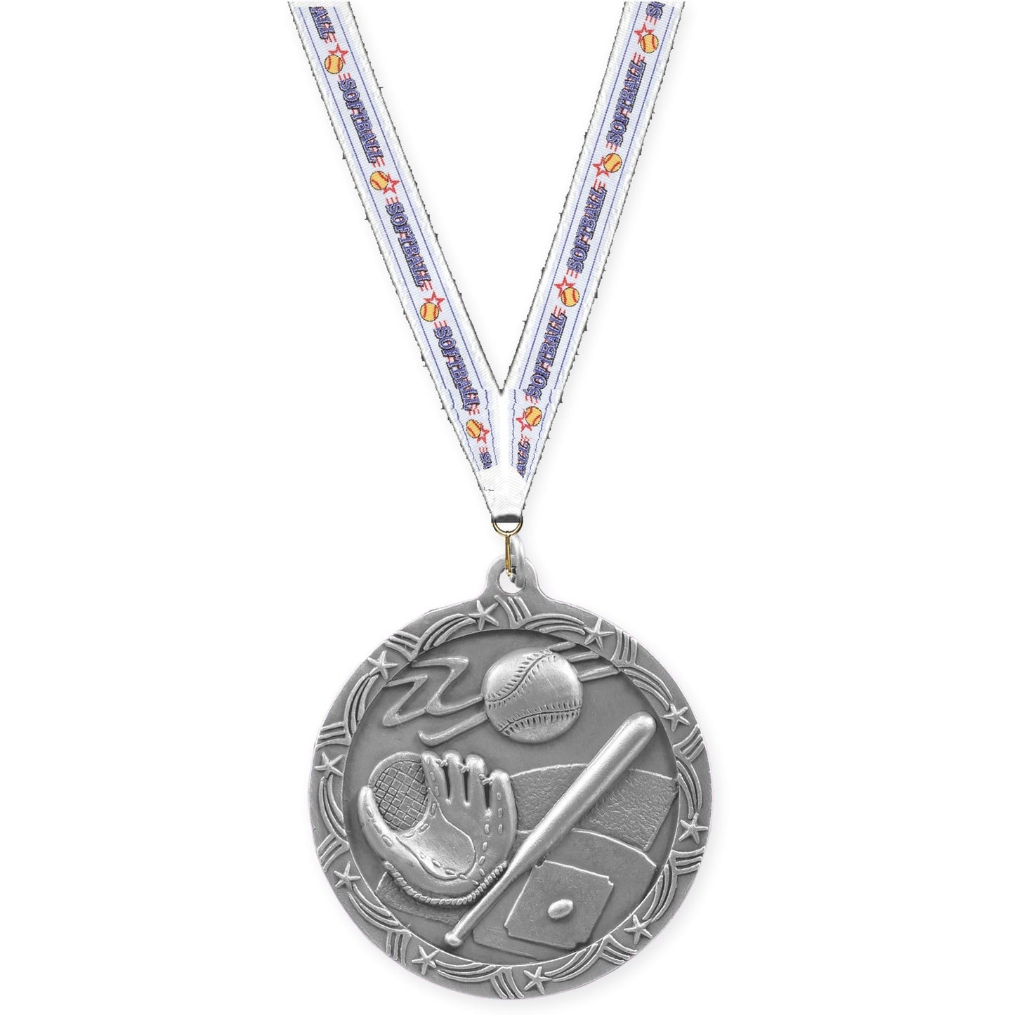 2 1/2 inch baseball and softball Shooting Star medal in antique silver with Softball neck ribbon