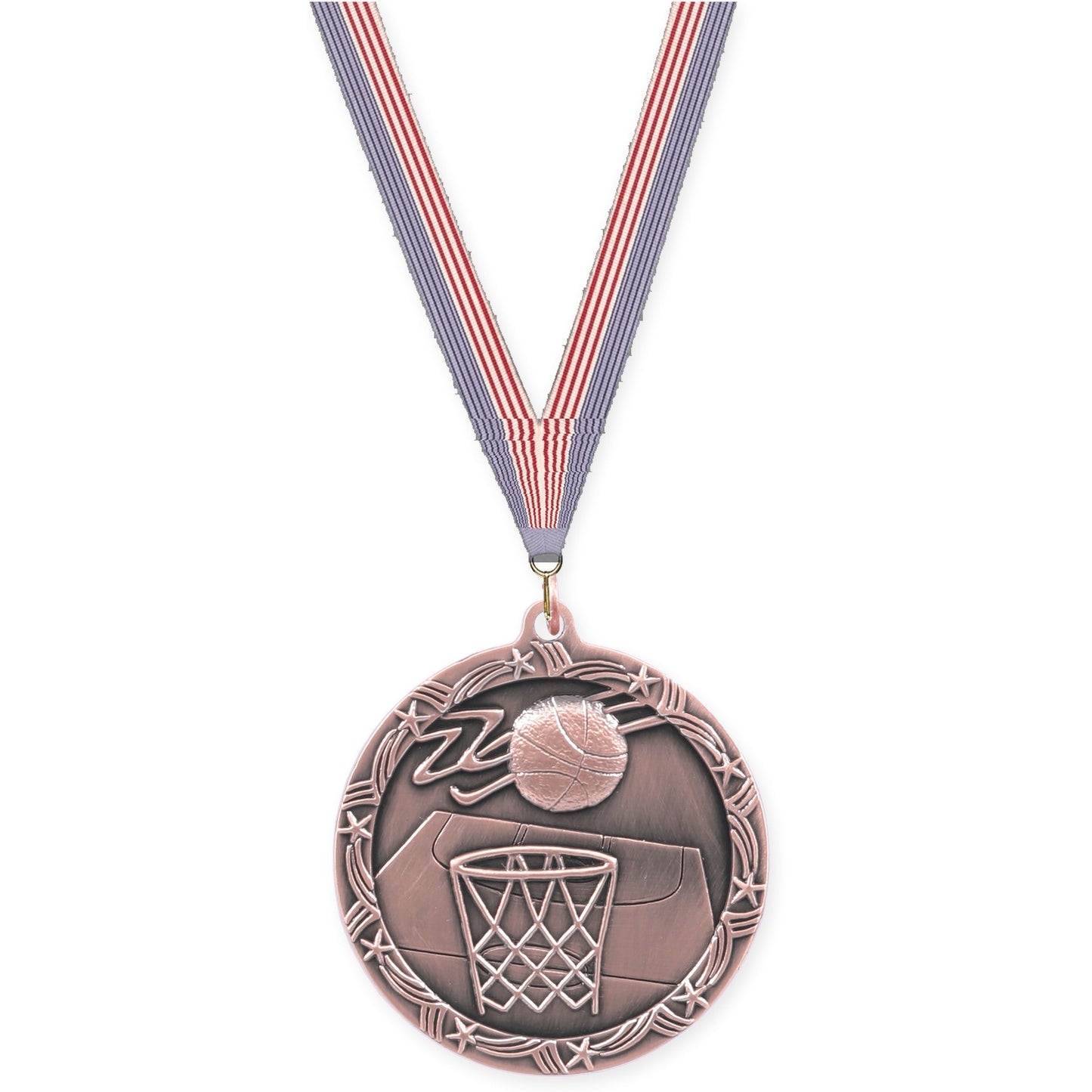 2 1/2 inch basketball Shooting Star medal in antique bronze with USA Flag neck ribbon