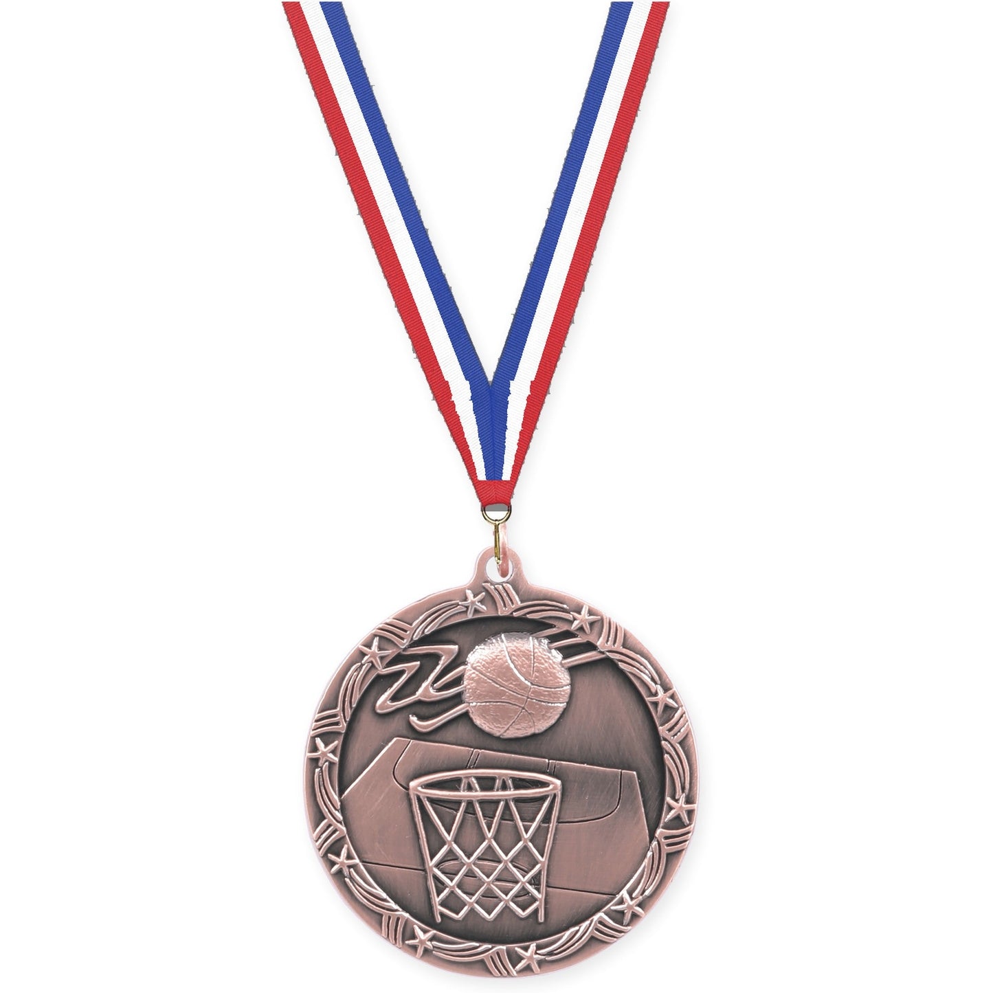2 1/2 inch basketball Shooting Star medal in antique bronze with Red White Blue neck ribbon
