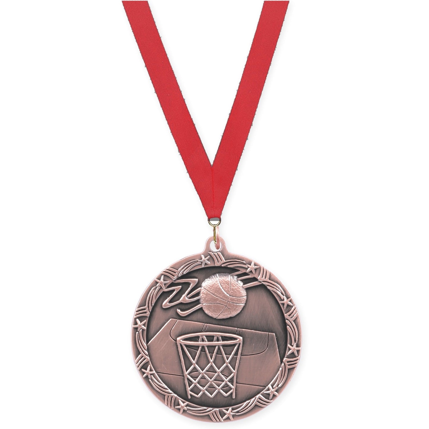 2 1/2 inch basketball Shooting Star medal in antique bronze with Red neck ribbon