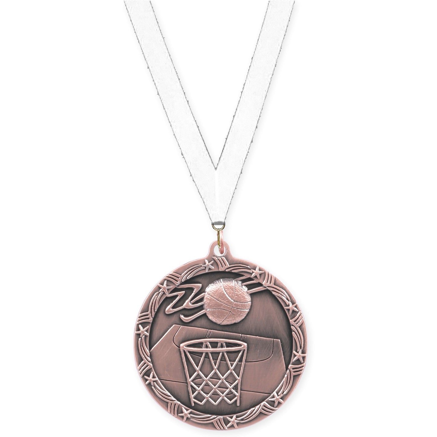 2 1/2 inch basketball Shooting Star medal in antique bronze with White neck ribbon