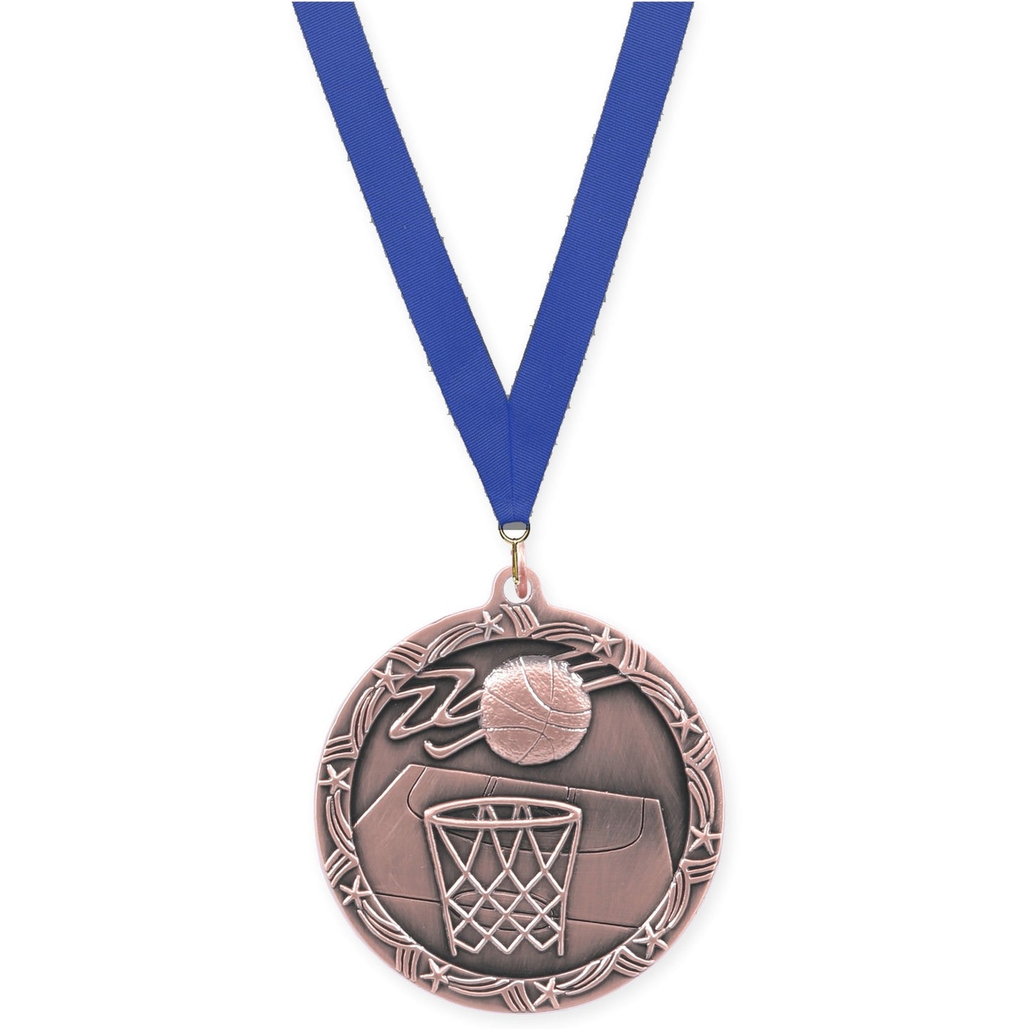 2 1/2 inch basketball Shooting Star medal in antique bronze with Blue neck ribbon