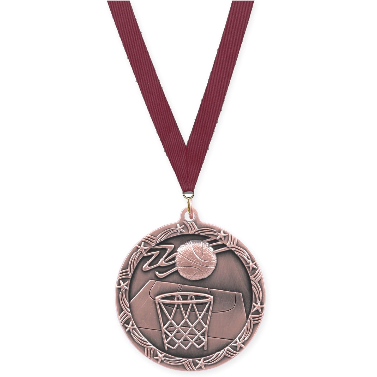 2 1/2 inch basketball Shooting Star medal in antique bronze with Maroon neck ribbon