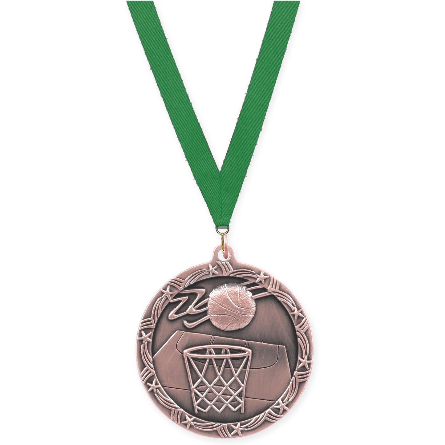 2 1/2 inch basketball Shooting Star medal in antique bronze with Green neck ribbon