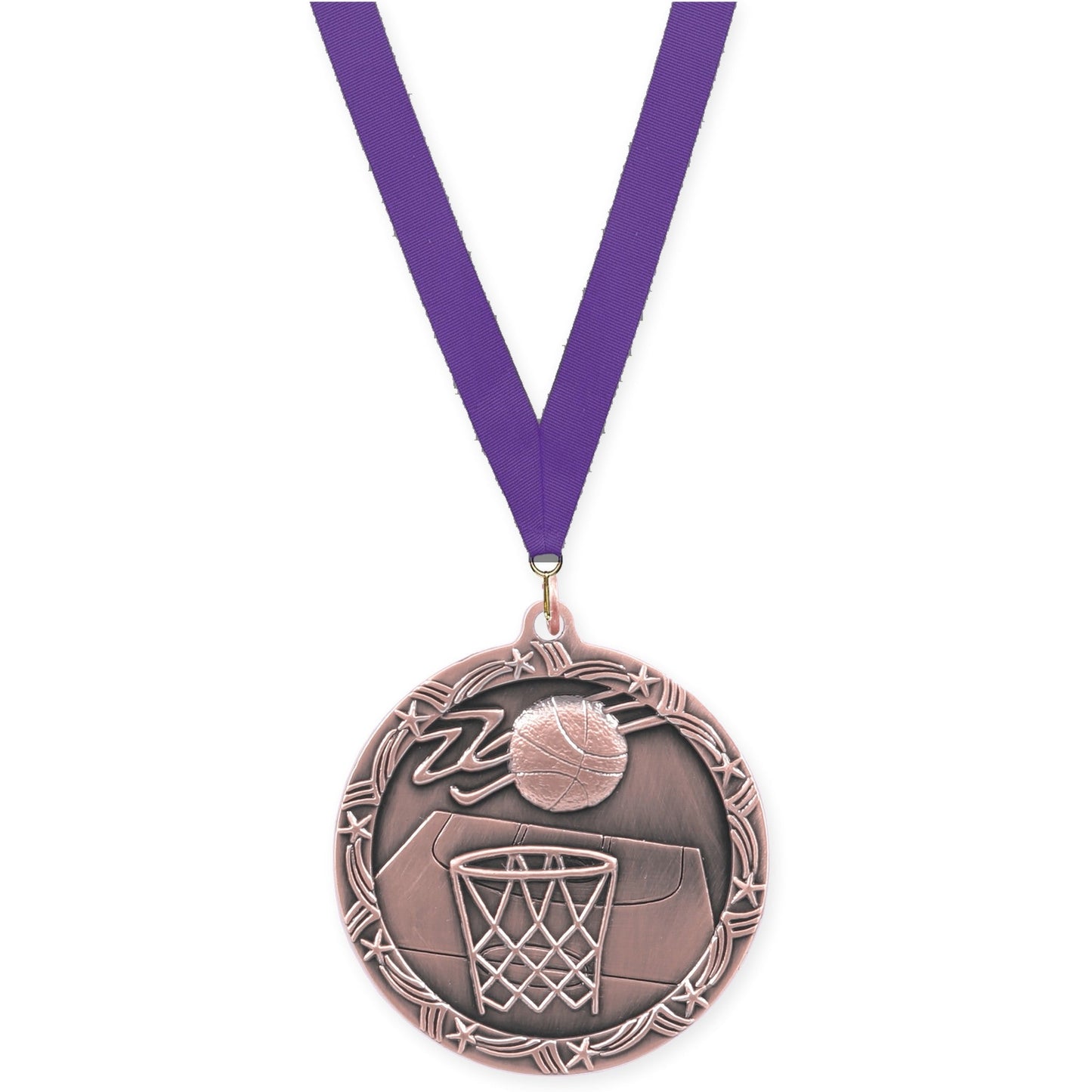 2 1/2 inch basketball Shooting Star medal in antique bronze with Purple neck ribbon