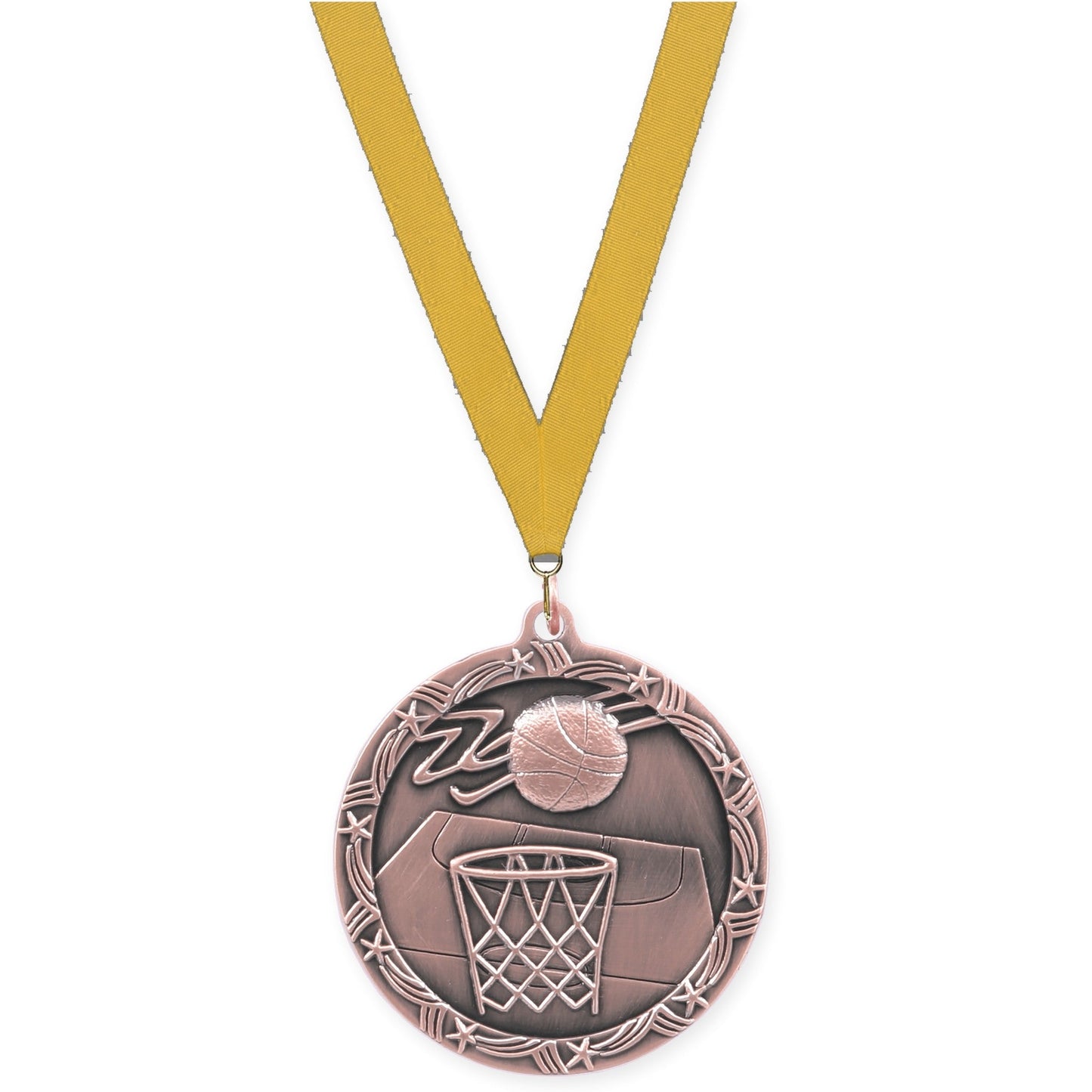 2 1/2 inch basketball Shooting Star medal in antique bronze with Gold neck ribbon