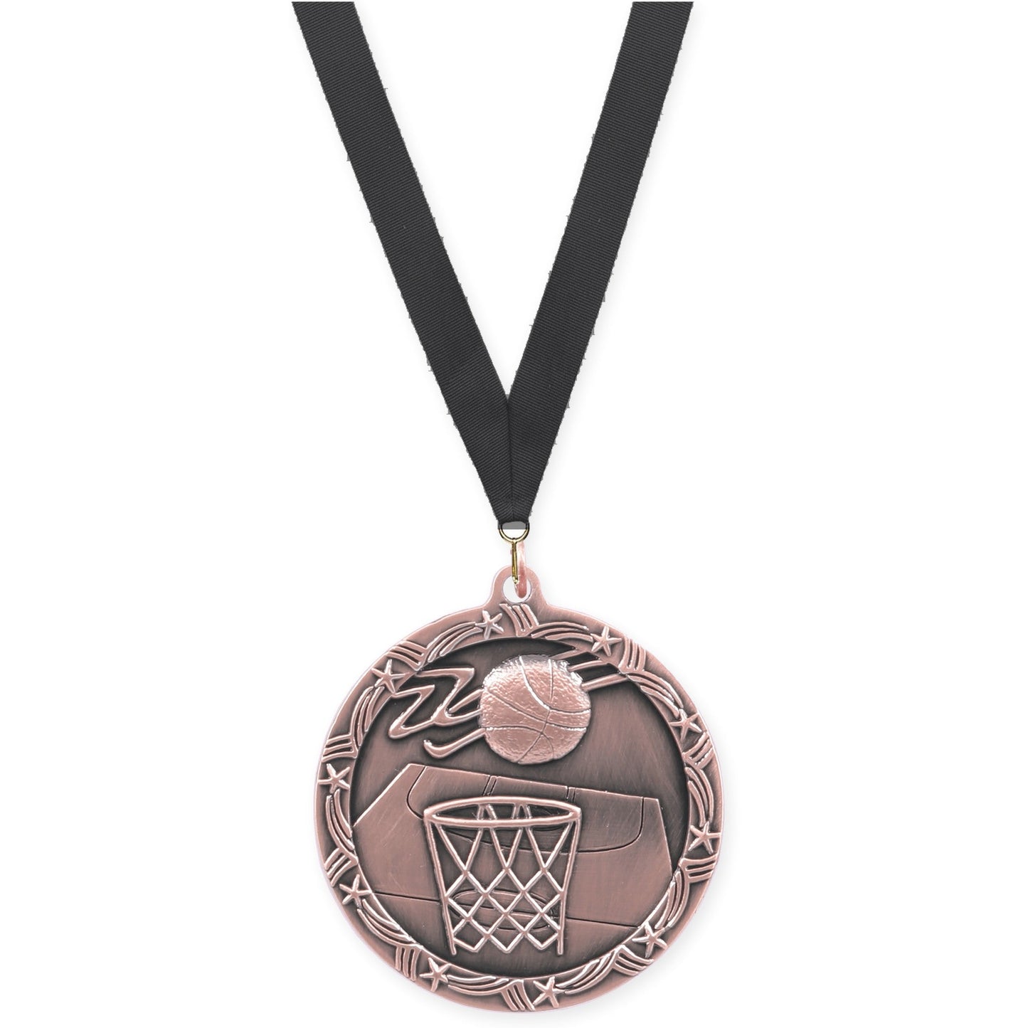 2 1/2 inch basketball Shooting Star medal in antique bronze with Black neck ribbon
