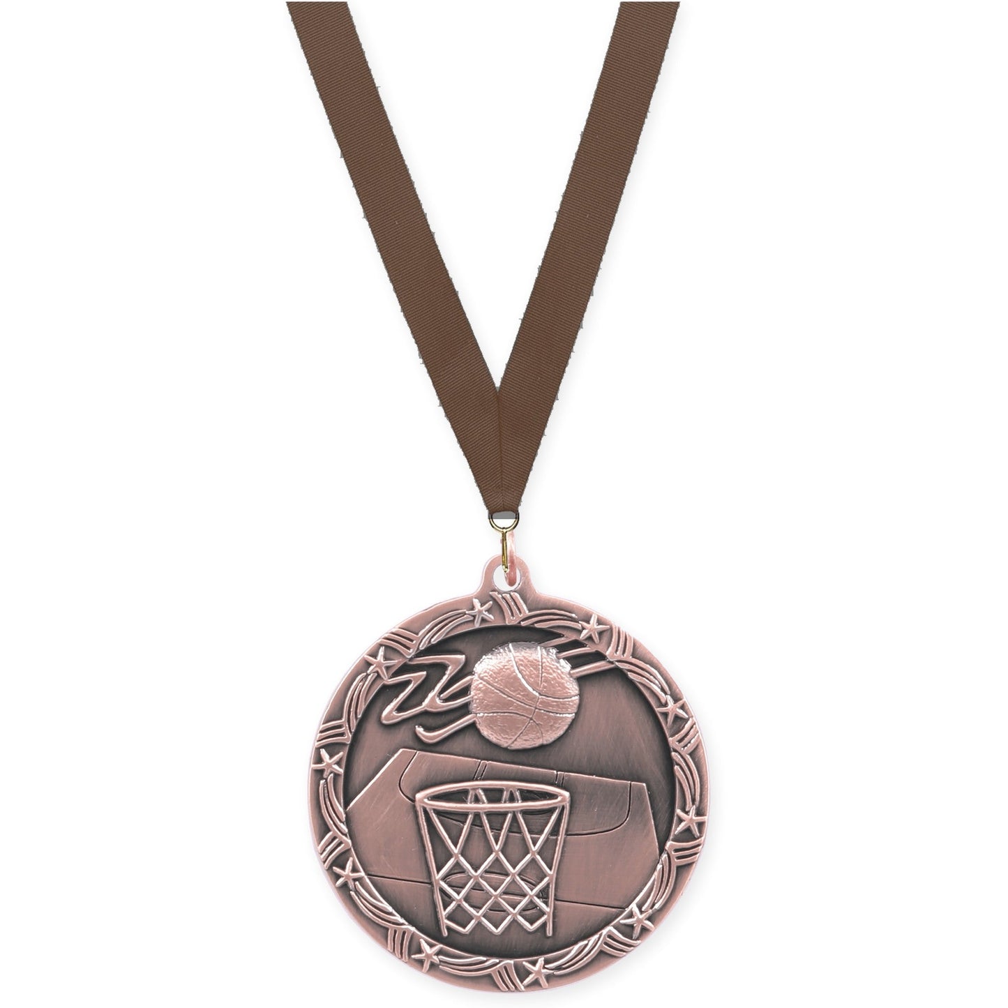 2 1/2 inch basketball Shooting Star medal in antique bronze with Brown neck ribbon