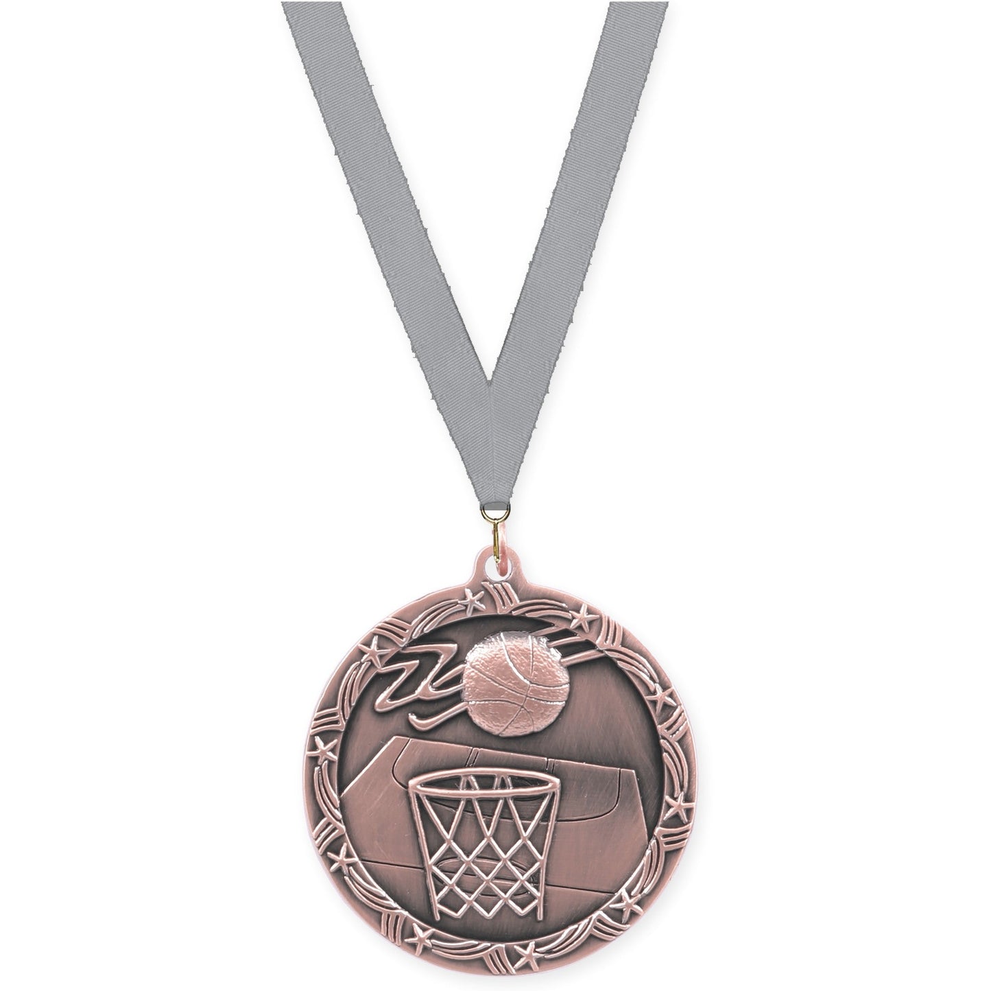2 1/2 inch basketball Shooting Star medal in antique bronze with Gray neck ribbon