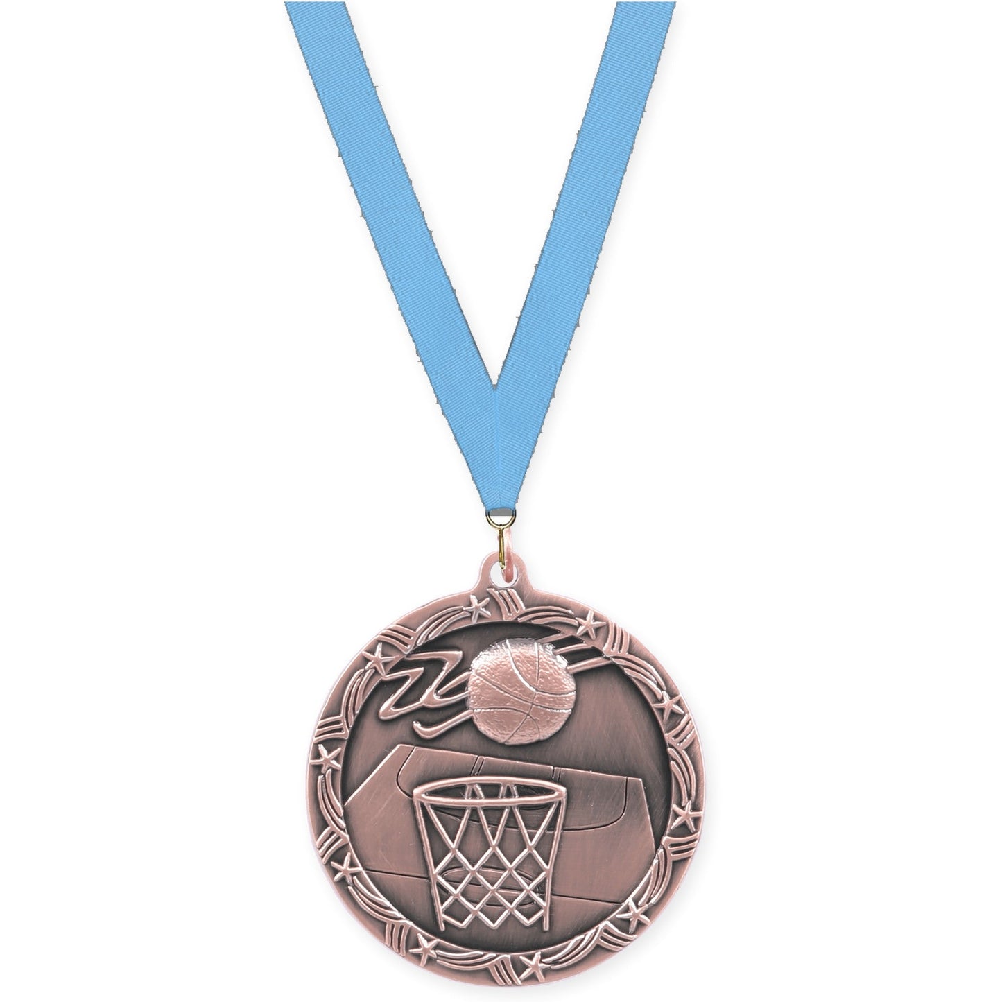 2 1/2 inch basketball Shooting Star medal in antique bronze with Light Blue neck ribbon