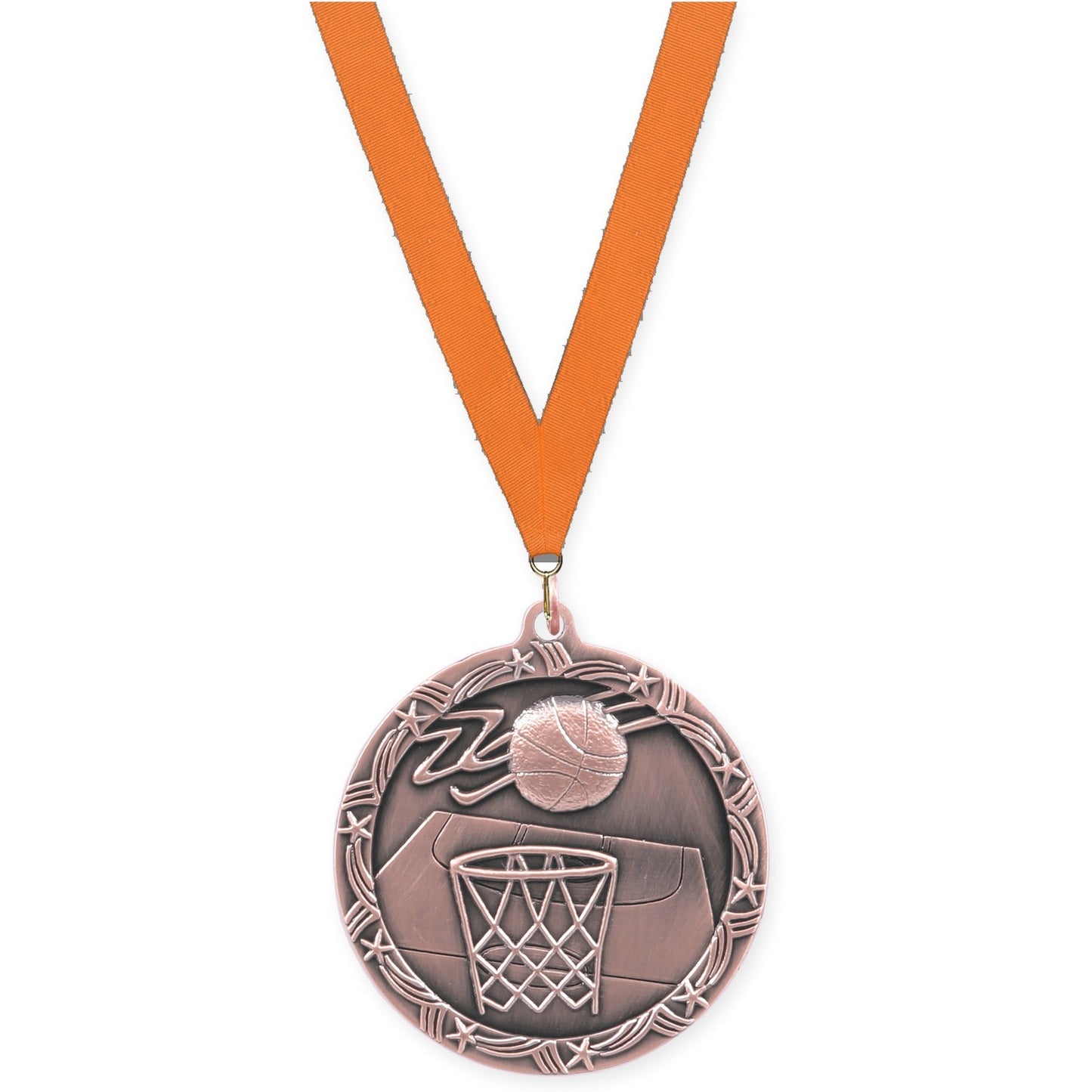 2 1/2 inch basketball Shooting Star medal in antique bronze with Orange neck ribbon