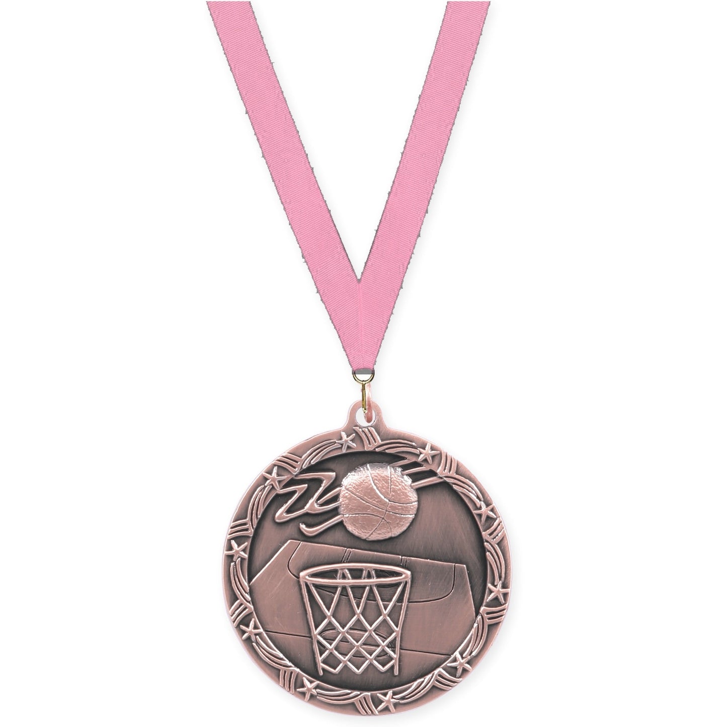 2 1/2 inch basketball Shooting Star medal in antique bronze with Pink neck ribbon
