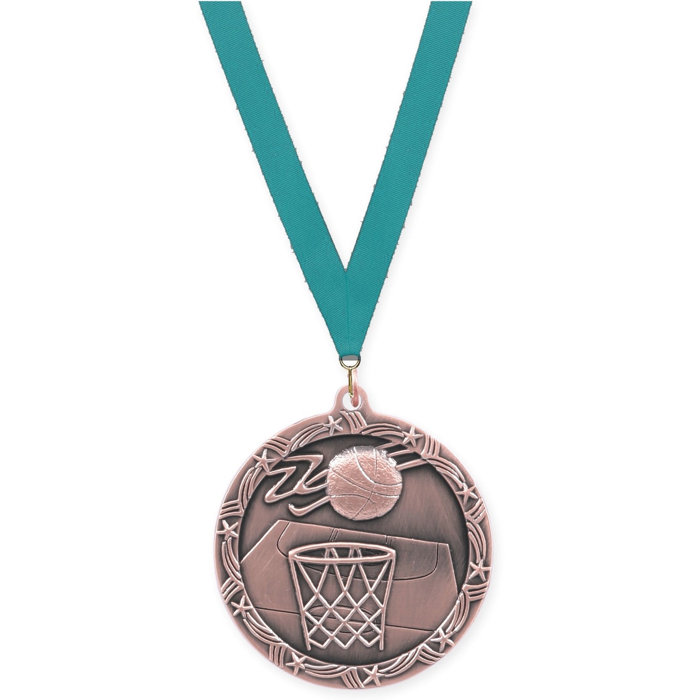 2 1/2 inch basketball Shooting Star medal in antique bronze with Teal neck ribbon