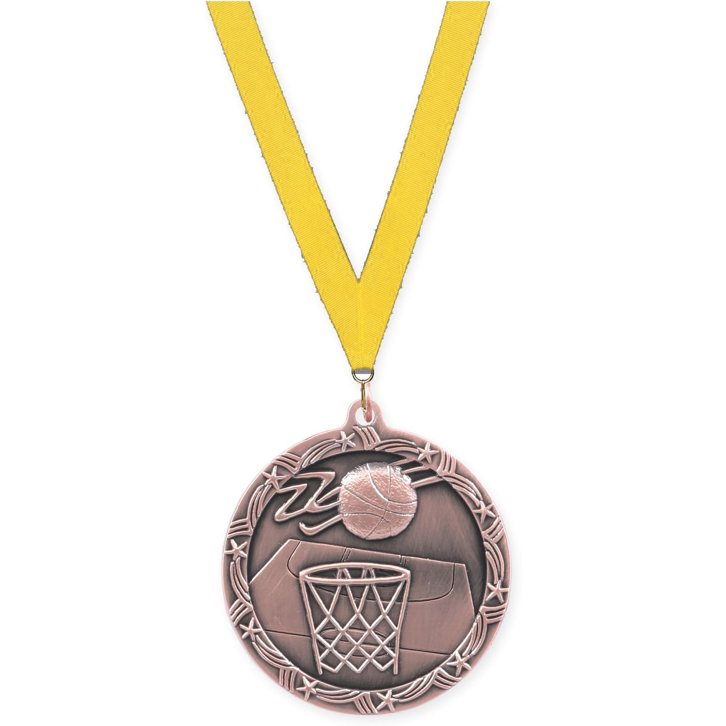2 1/2 inch basketball Shooting Star medal in antique bronze with Yellow neck ribbon