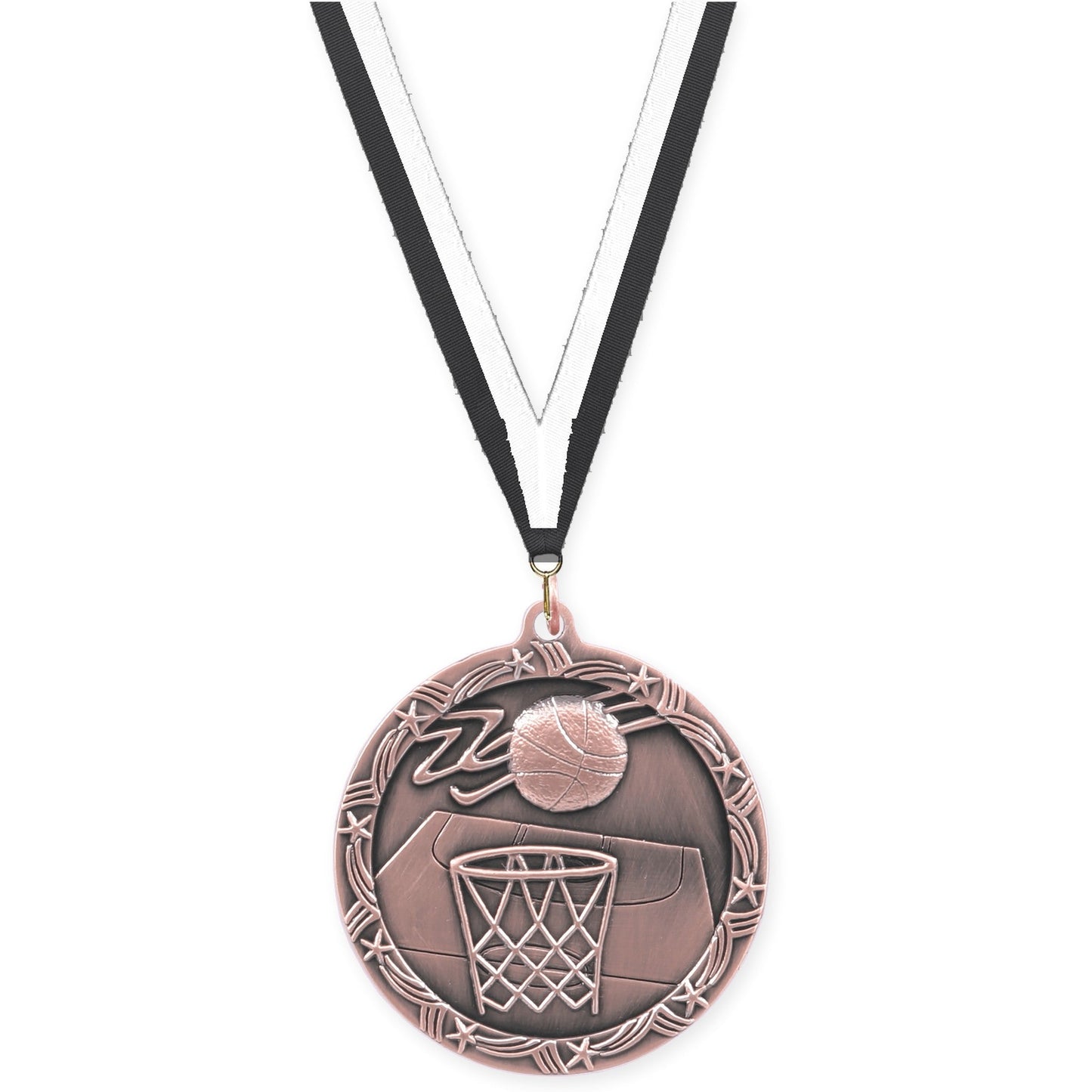 2 1/2 inch basketball Shooting Star medal in antique bronze with Black White neck ribbon