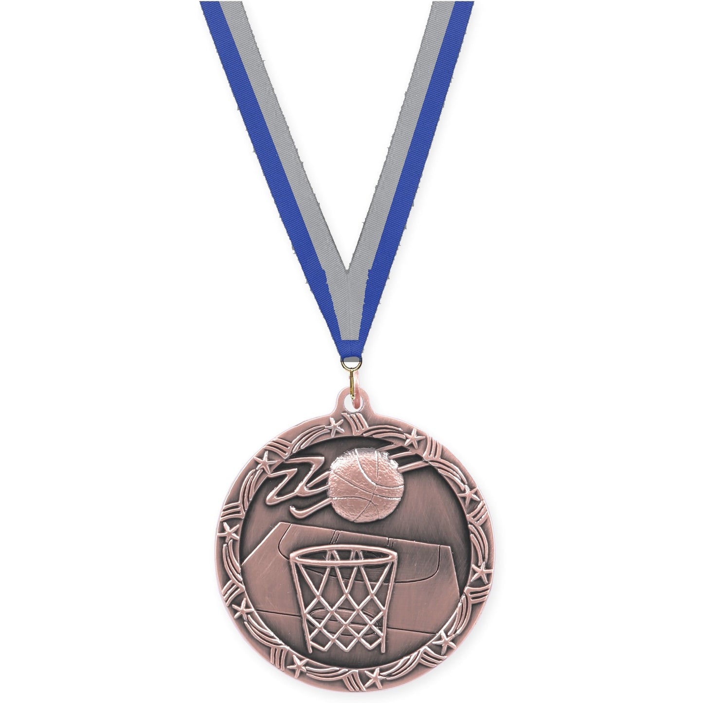 2 1/2 inch basketball Shooting Star medal in antique bronze with Blue Gray neck ribbon