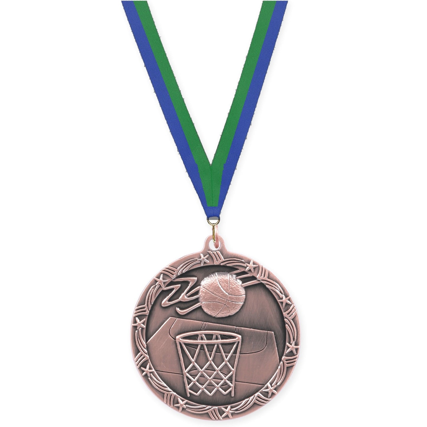 2 1/2 inch basketball Shooting Star medal in antique bronze with Blue Green neck ribbon