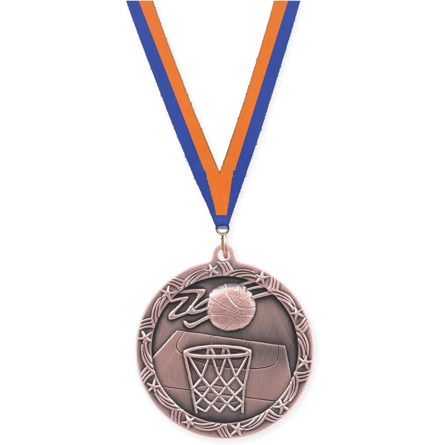 2 1/2 inch basketball Shooting Star medal in antique bronze with Blue Orange neck ribbon