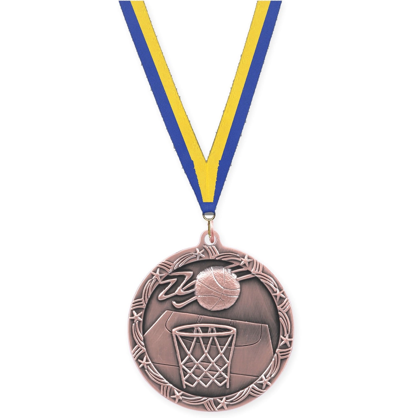 2 1/2 inch basketball Shooting Star medal in antique bronze with Blue Yellow neck ribbon