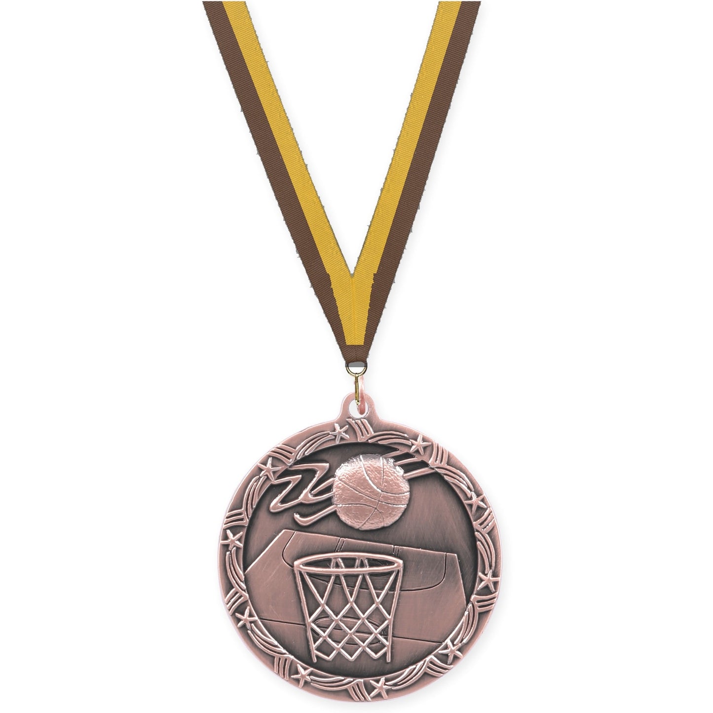 2 1/2 inch basketball Shooting Star medal in antique bronze with Brown Gold neck ribbon