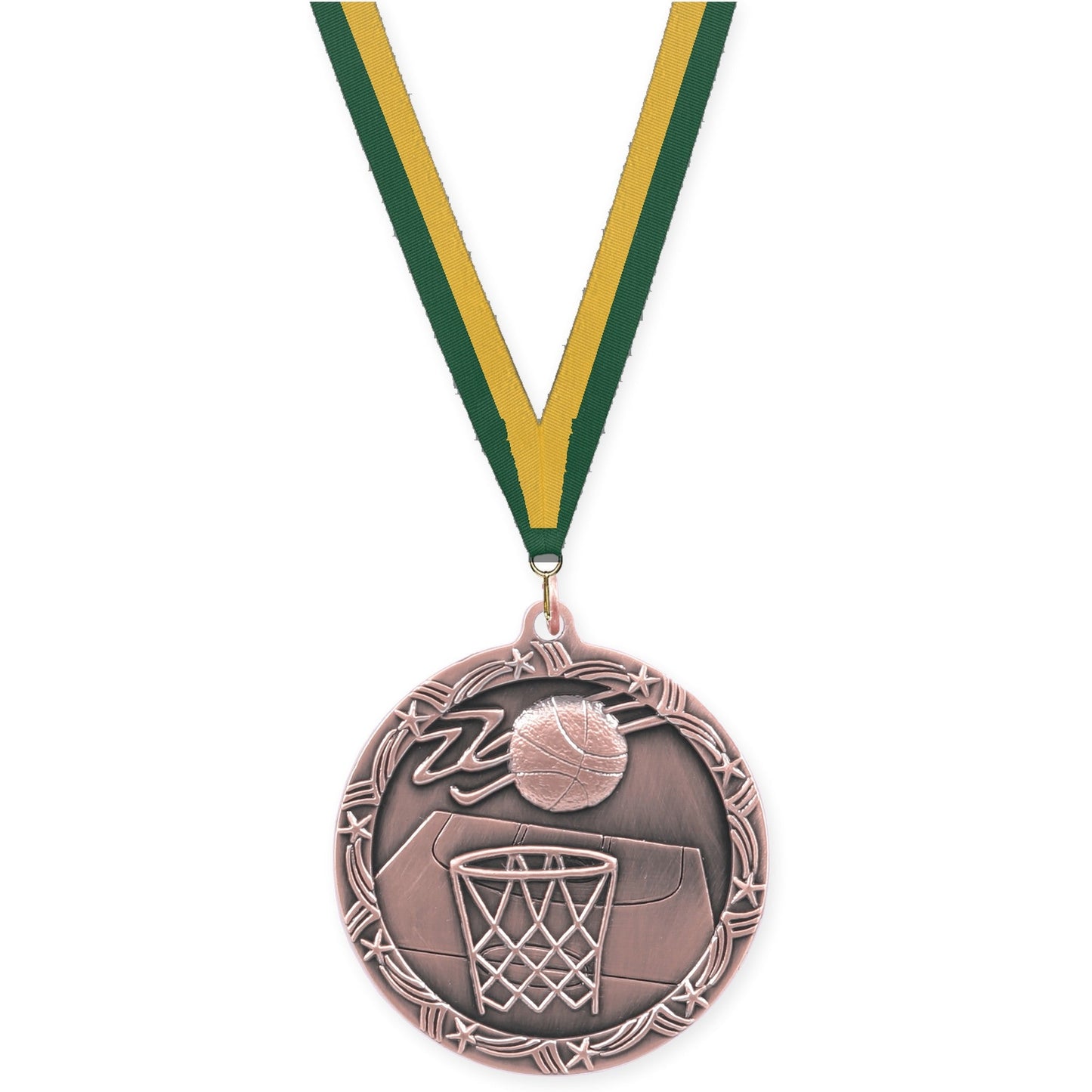 2 1/2 inch basketball Shooting Star medal in antique bronze with Hunter Green Gold neck ribbon