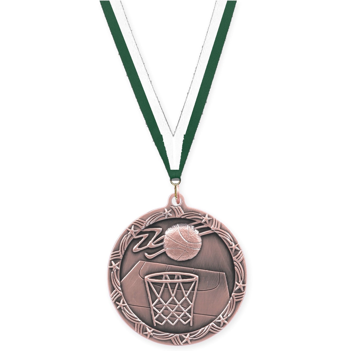 2 1/2 inch basketball Shooting Star medal in antique bronze with Hunter Green White neck ribbon