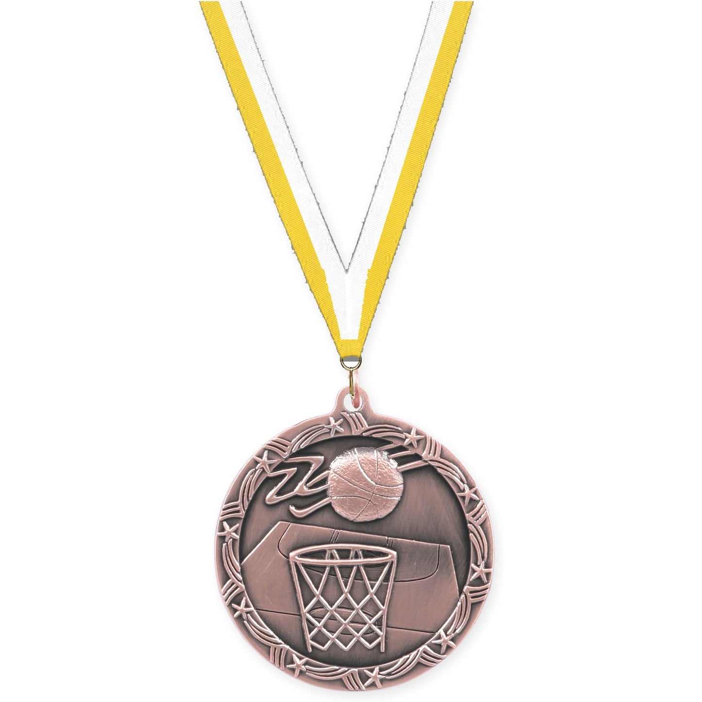 2 1/2 inch basketball Shooting Star medal in antique bronze with Yellow White neck ribbon