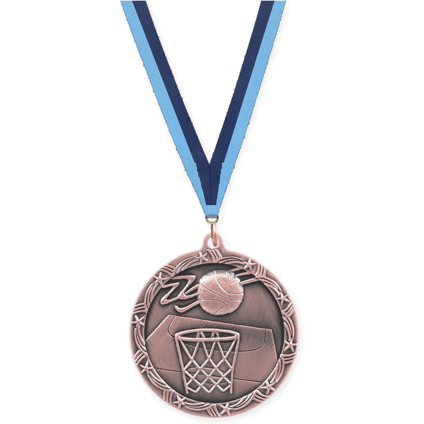 2 1/2 inch basketball Shooting Star medal in antique bronze with Light Blue Navy neck ribbon