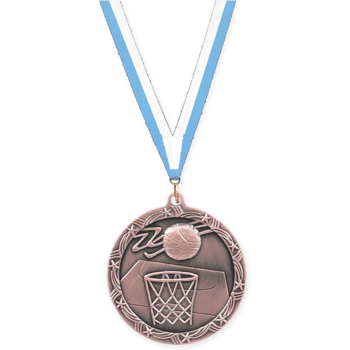 2 1/2 inch basketball Shooting Star medal in antique bronze with Light Blue White neck ribbon