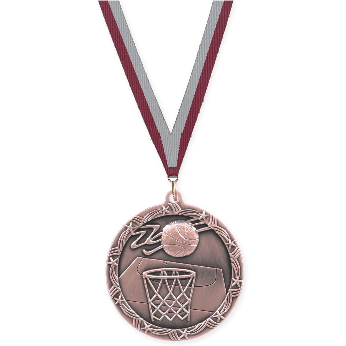2 1/2 inch basketball Shooting Star medal in antique bronze with Maroon Gray neck ribbon