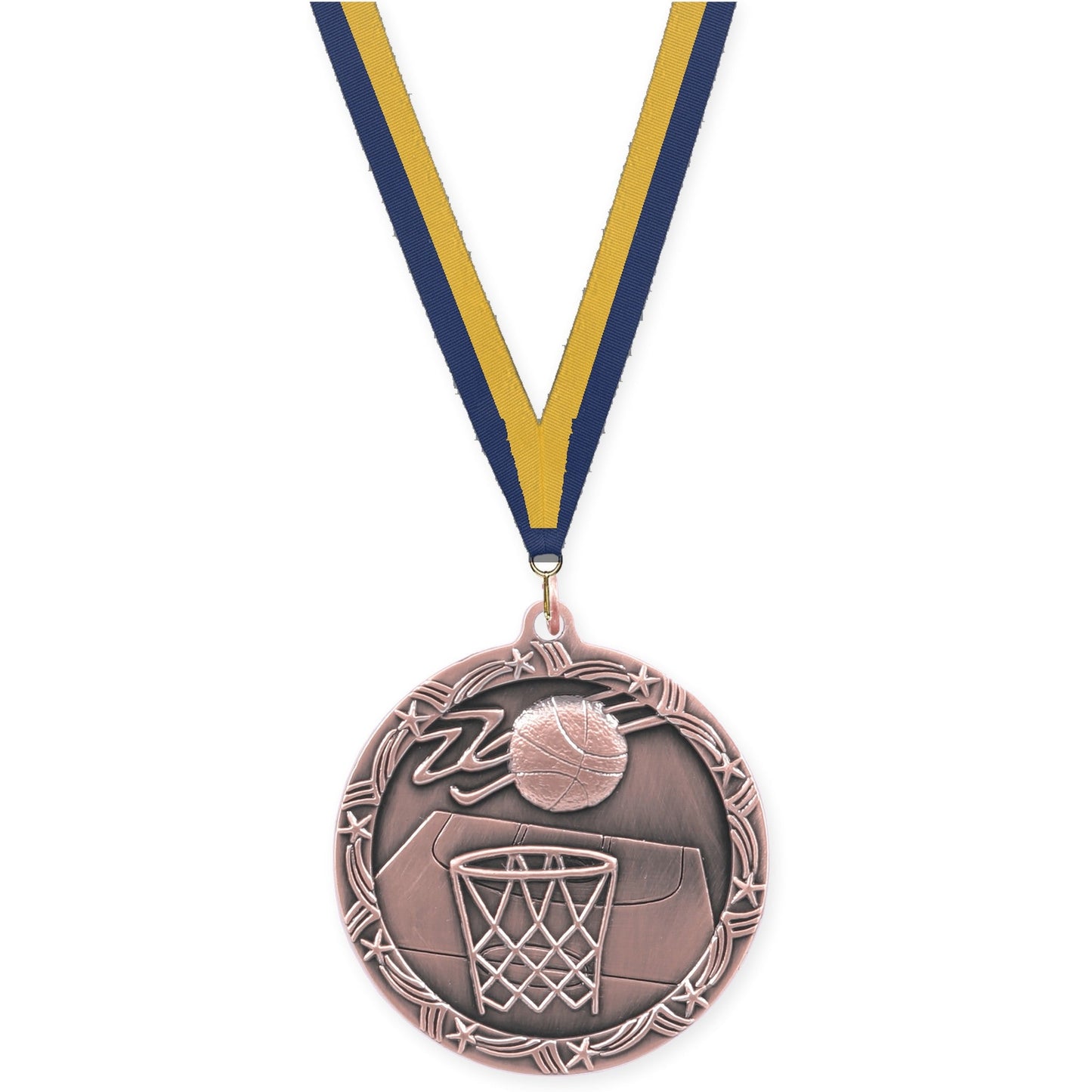 2 1/2 inch basketball Shooting Star medal in antique bronze with Navy Gold neck ribbon