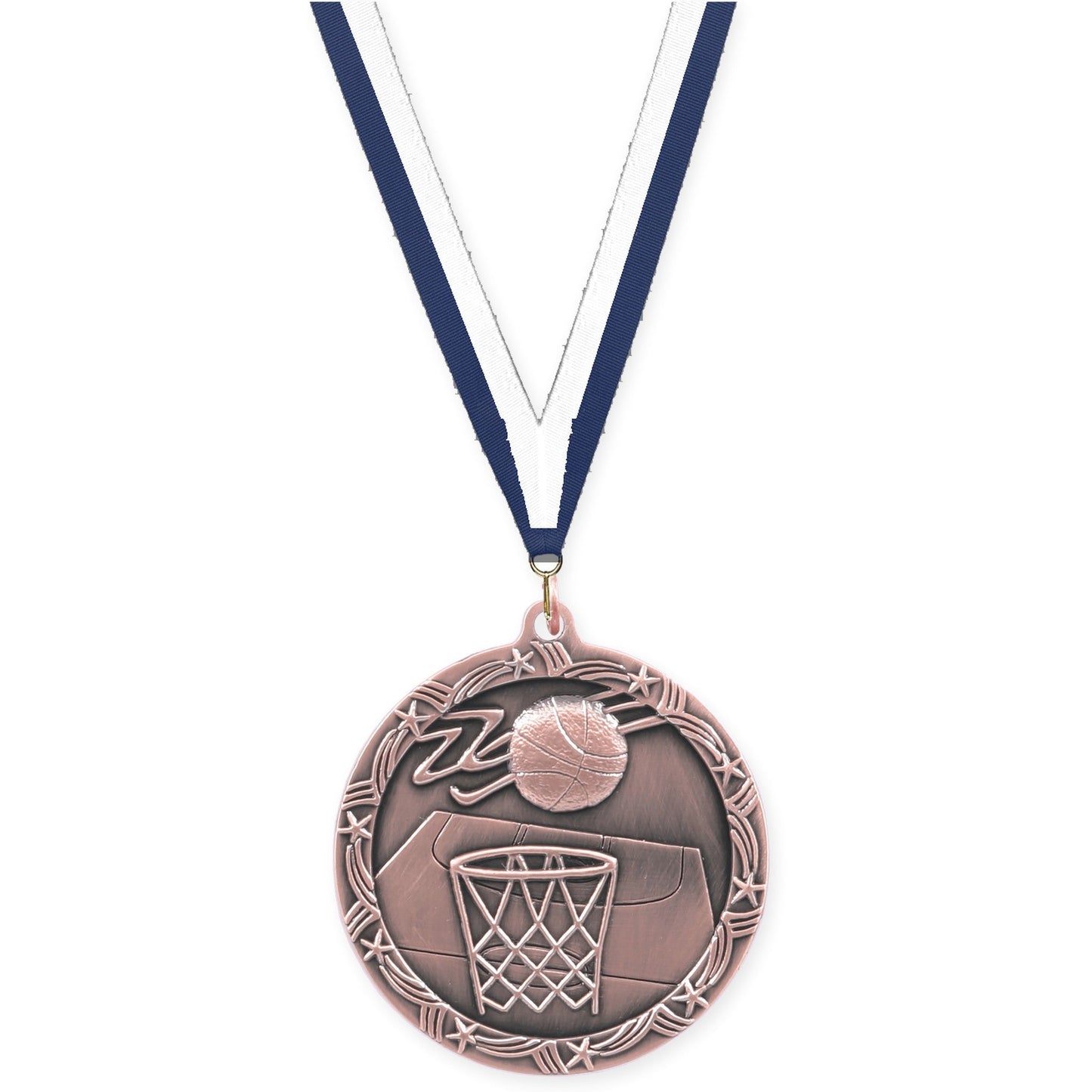 2 1/2 inch basketball Shooting Star medal in antique bronze with Navy White neck ribbon