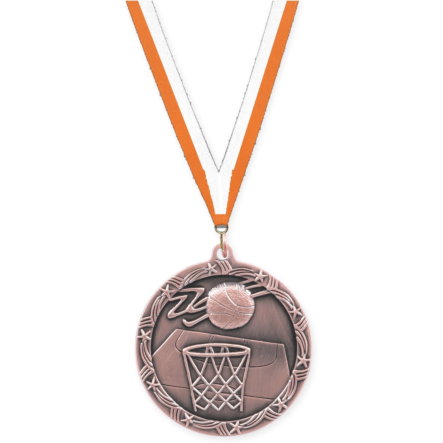 2 1/2 inch basketball Shooting Star medal in antique bronze with Orange White neck ribbon