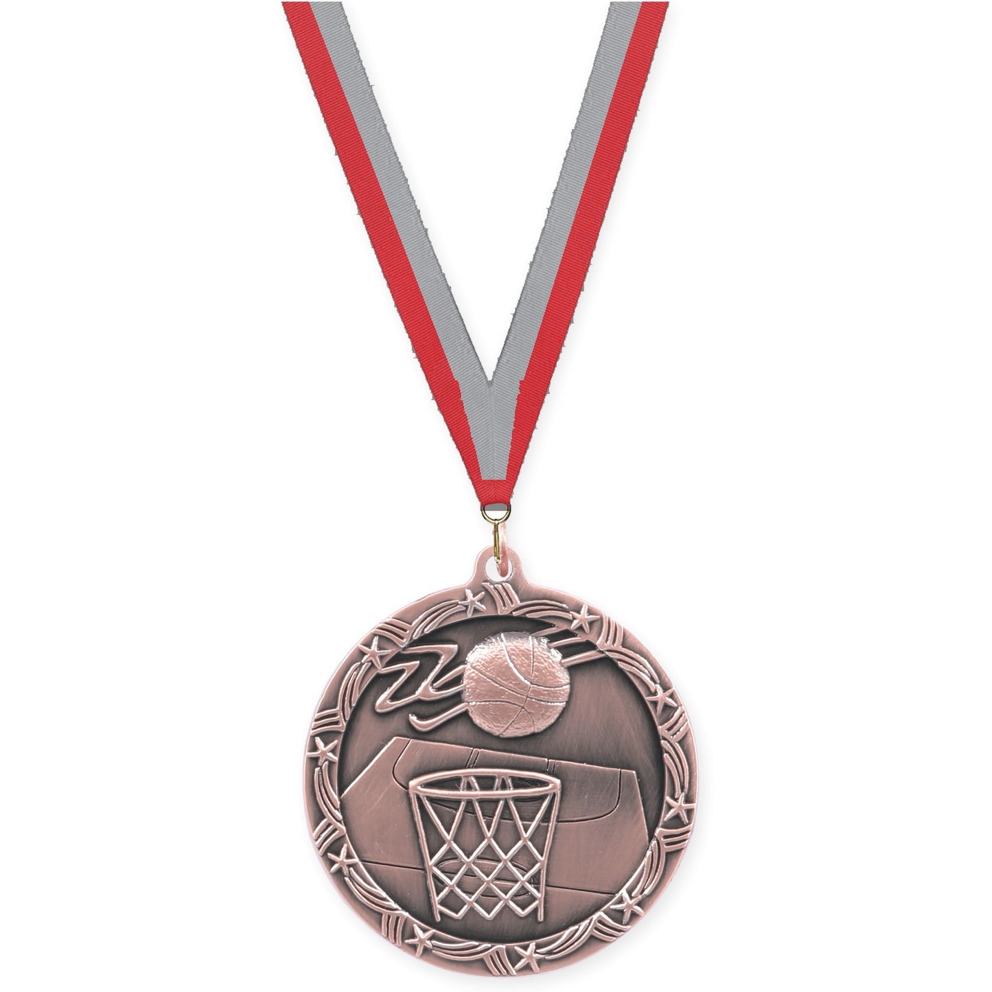 2 1/2 inch basketball Shooting Star medal in antique bronze with Red Gray neck ribbon